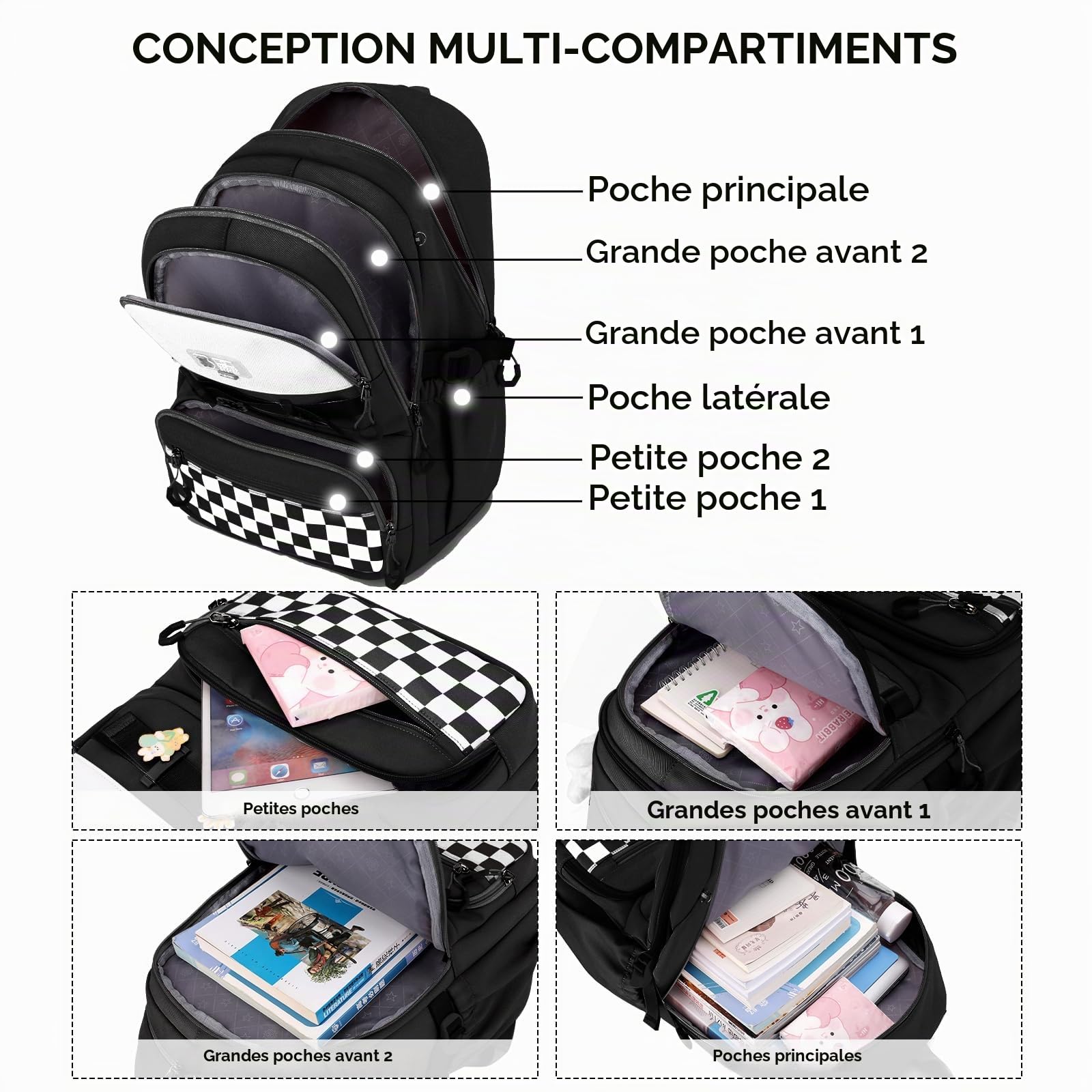 Amythe Sac a Dos Fille, Cartable Primaire Etanche pour Enfant, Sacs à Dos Scolaire Loisir Nylon, Sac D'école Filles Adolescent Pour L'école et les Voyages -Noir