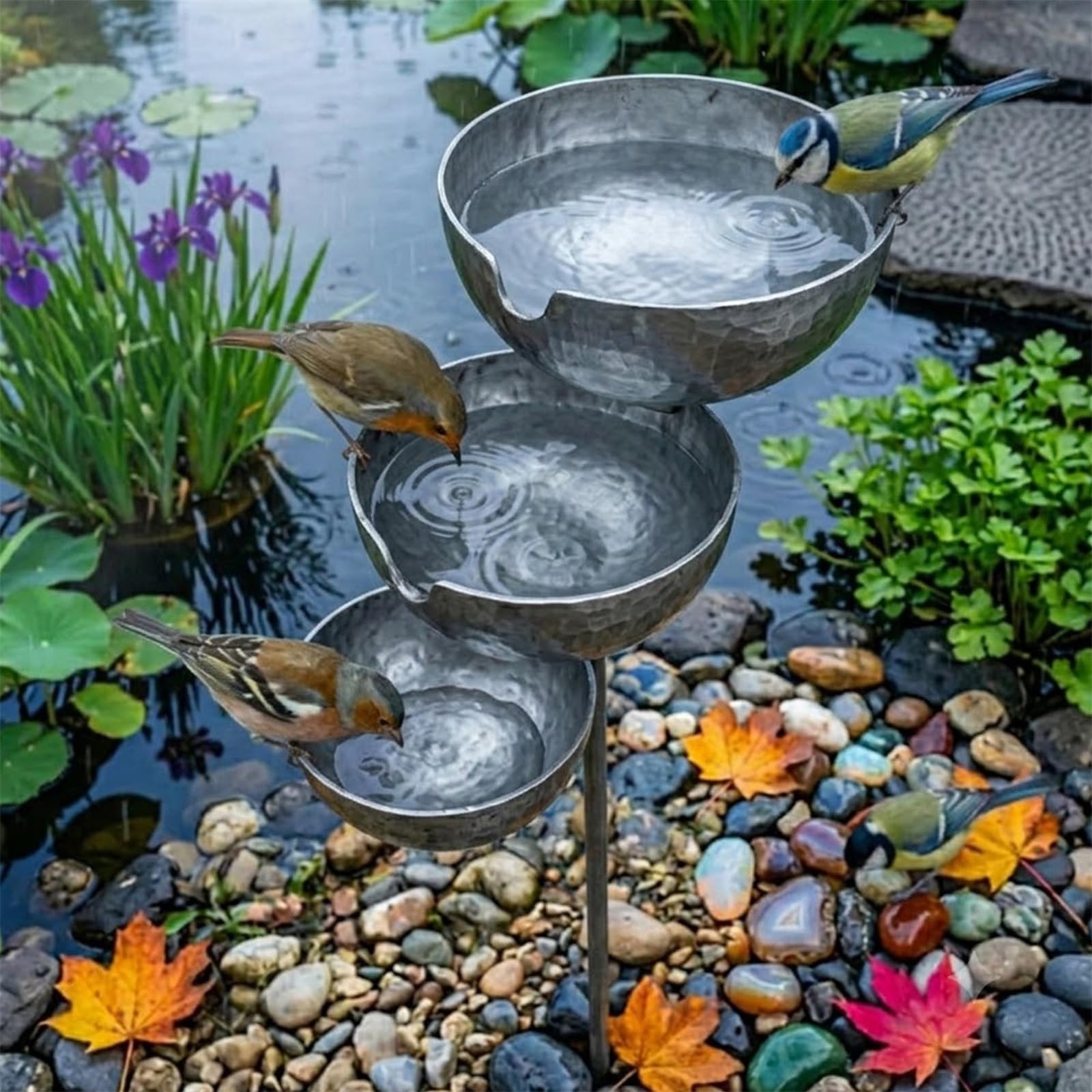 3-Tier Cascading Bird Bath & Bee Watering Station, Rain Catchers For Garden, Water Fountain Bowls For Hummingbird, Birds Feeder Water Bowl Stake For Garden Ornament