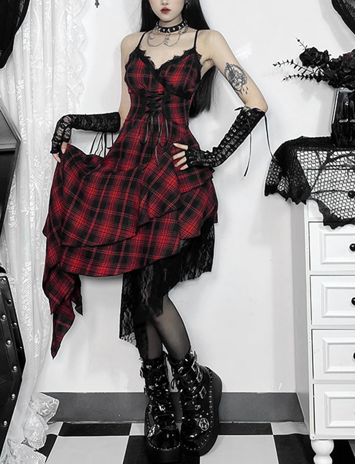 Women's Gothic Plaid Mini Dress Punk Goth Vintage Sleeveless Strap Irregular Dresses