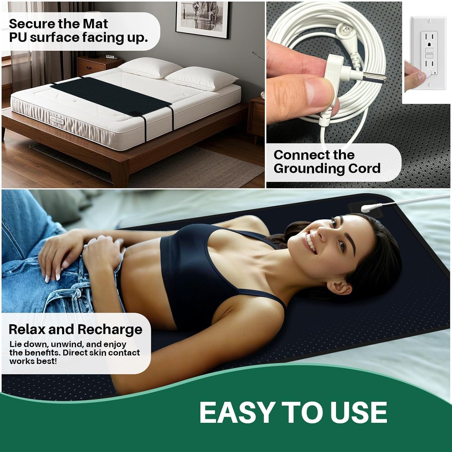 Grounding Mat for Bed: Improved Sleep and Stress Relief - Grounding Pad with Anti-Slip PU Leather - Mattress Pad Kit with Cord (California King Size 72''×27‘’)
