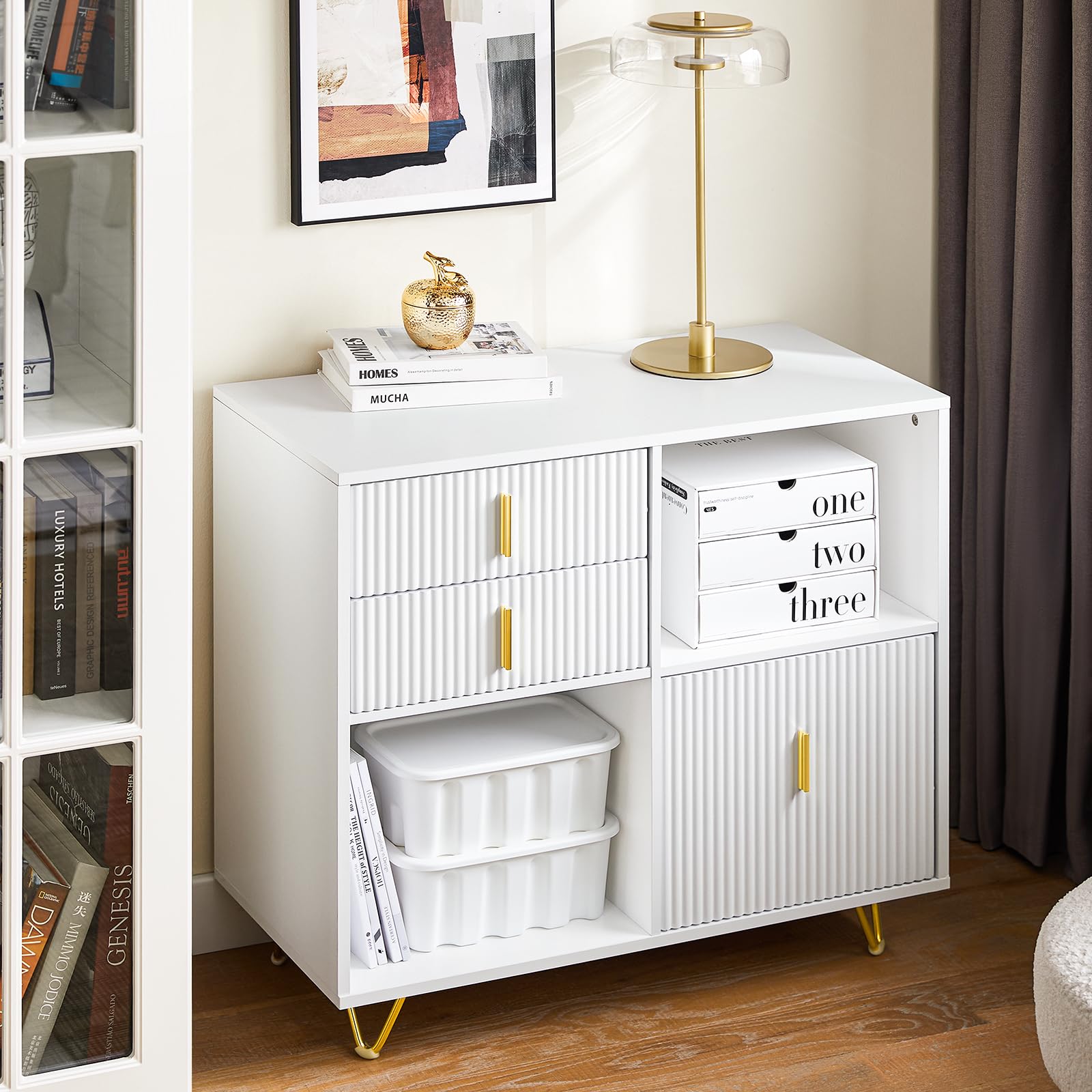 SoBuy Meuble Imprimante et Rangement Bureau Caisson de Bureau avec 3 Tiroirs et 2 Compartiments Ouverts Meuble pour Imprimante Compact Blanc 80x40x75 cm ASK11-W