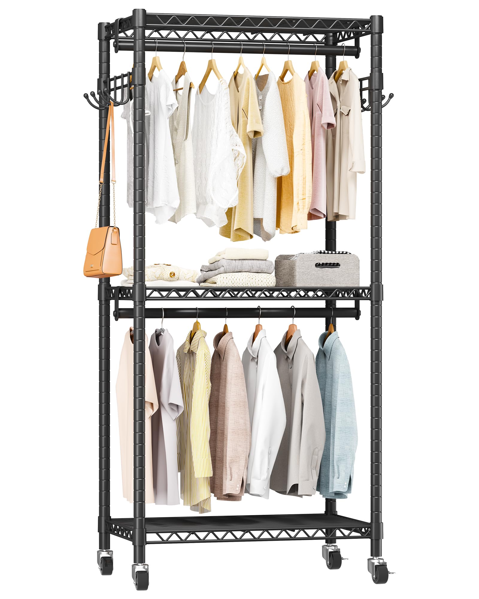 Mini Rolling Clothes Rack with Adjustable Metal Wire Shelving, Heavy Duty Clothing Rack for Hanging Clothes, Portable Closet with Wheels Side Hooks,