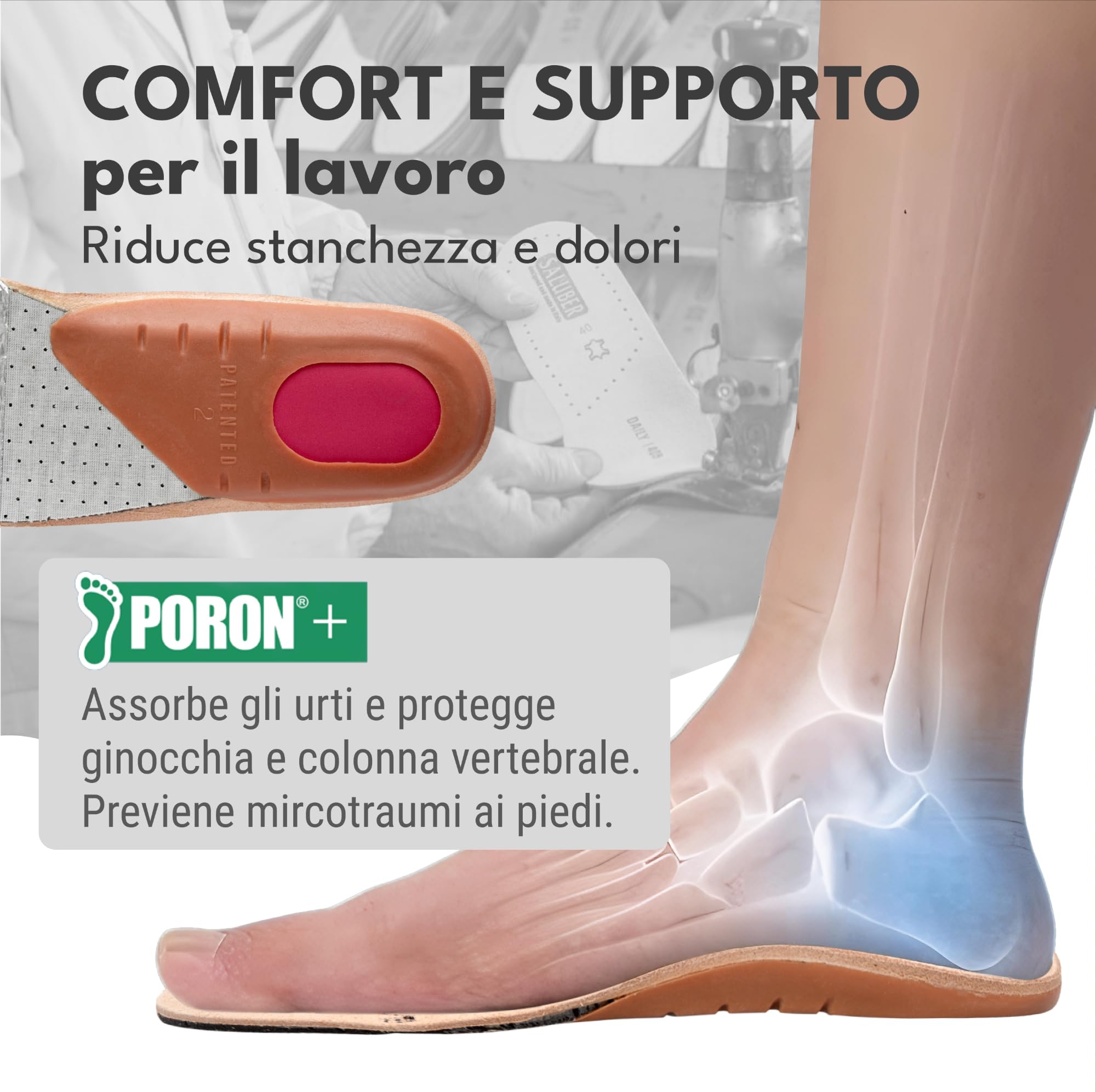 Saluber Solette Safety 401, Solette Scarpe Antinfortunistiche: Poron+ riduce l'affaticamento del piede, Carbone Attivo per Freschezza, Vero Cuoio per Comfort, con Cucitura Antistatica (44)