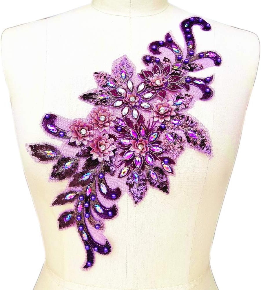 7.5x15 in 3D Colorful Flower Mesh Embroidered Rhinestone Lace Beaded Applique with Sequins DIY Lace Fabric Trim for Clothes Accessories Hardware (Purple)