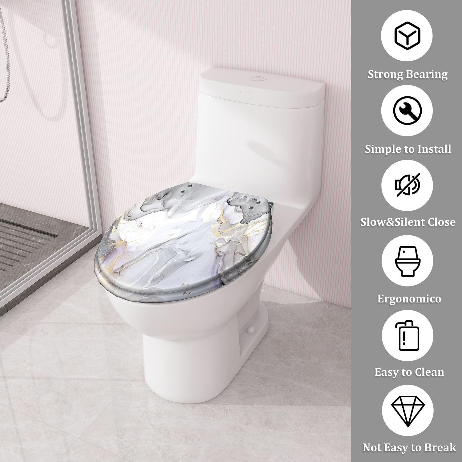 Asiento de inodoro de resina con cierre silencioso y fácil instalación para baño.
