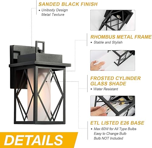Miniatura 3 de LALUZ Lámpara de pared al aire libre para porche, 11 pulgadas, linterna exterior para montaje en pared, lámpara exterior negra lijada con vidrio