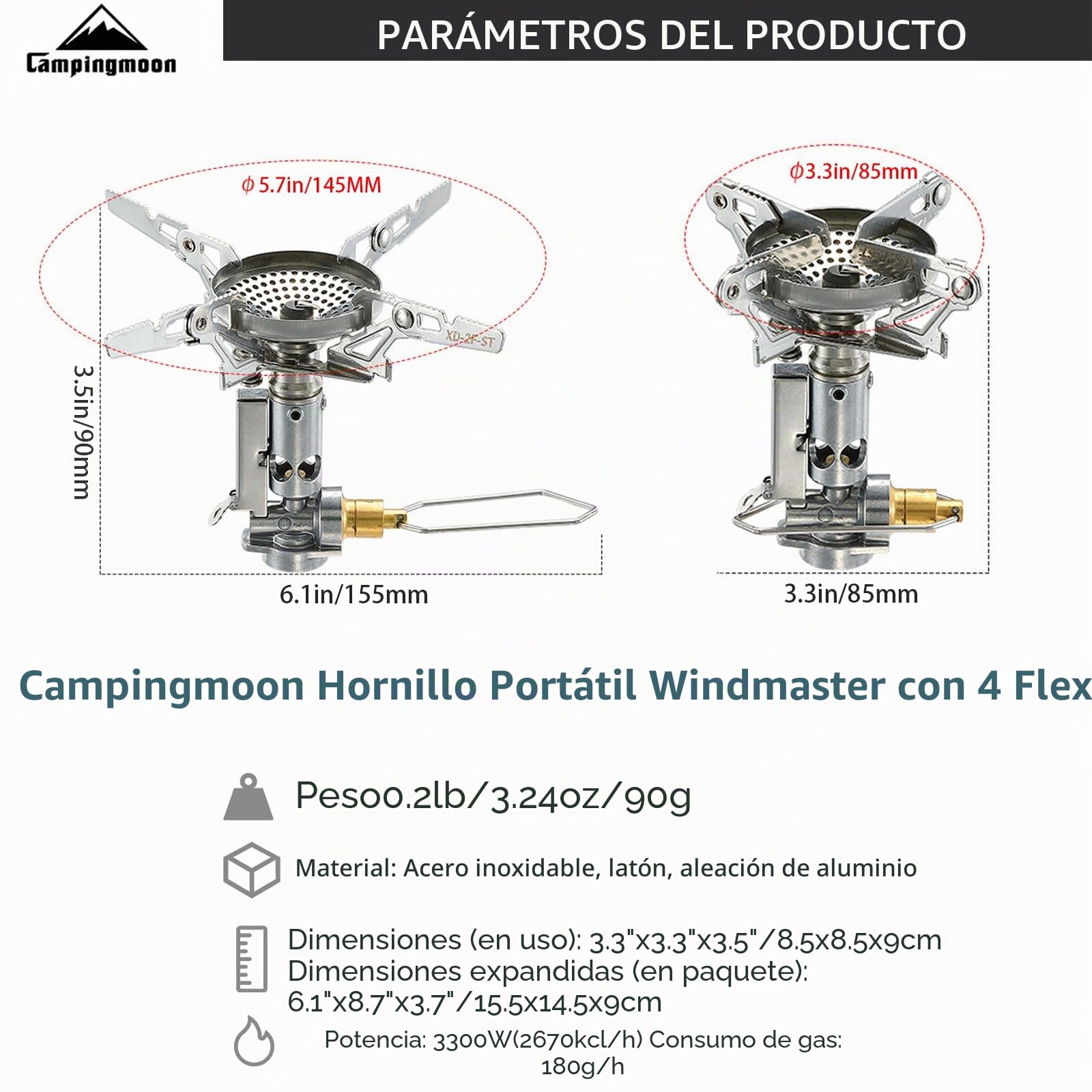 Campingmoon - Estufa de gas compacta para camping, portátil, 4 flexibles, con encendedor
