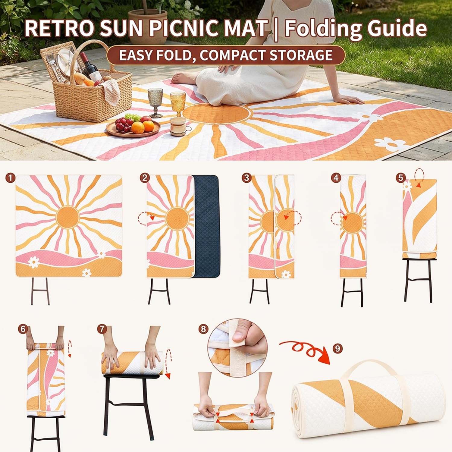 Sunflower Tapis et Couverture de Pique-Nique 200x200cm Grand Imperméable Anti-Sable – Natte de Plage Lavable, Pliable et Portable pour Camping, Parc, BBQ, Voyage – Nappe de Sol pour Extérieur