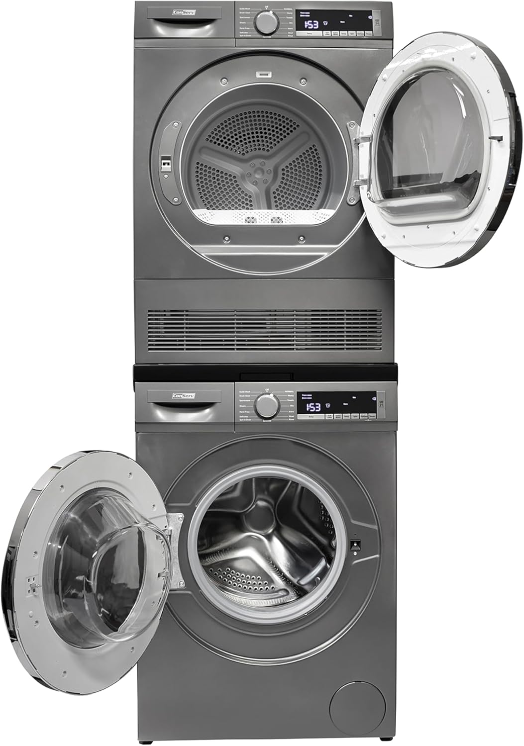 Conserv 2.2 cf 120 V Washer & 4 Cf 220V Condensing Dryer Made in Europe (Titanium + Stacking kit)