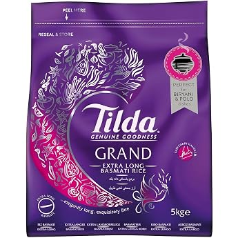 Tilda Grand Basmati Rice 5 kg - Extra Long Premium Long Grain Basmati Rice Ideal for Biryani & Polo - Perfect Grains from the Himalayas Bulk Packaging for Special Occasions with Kajal Sticker