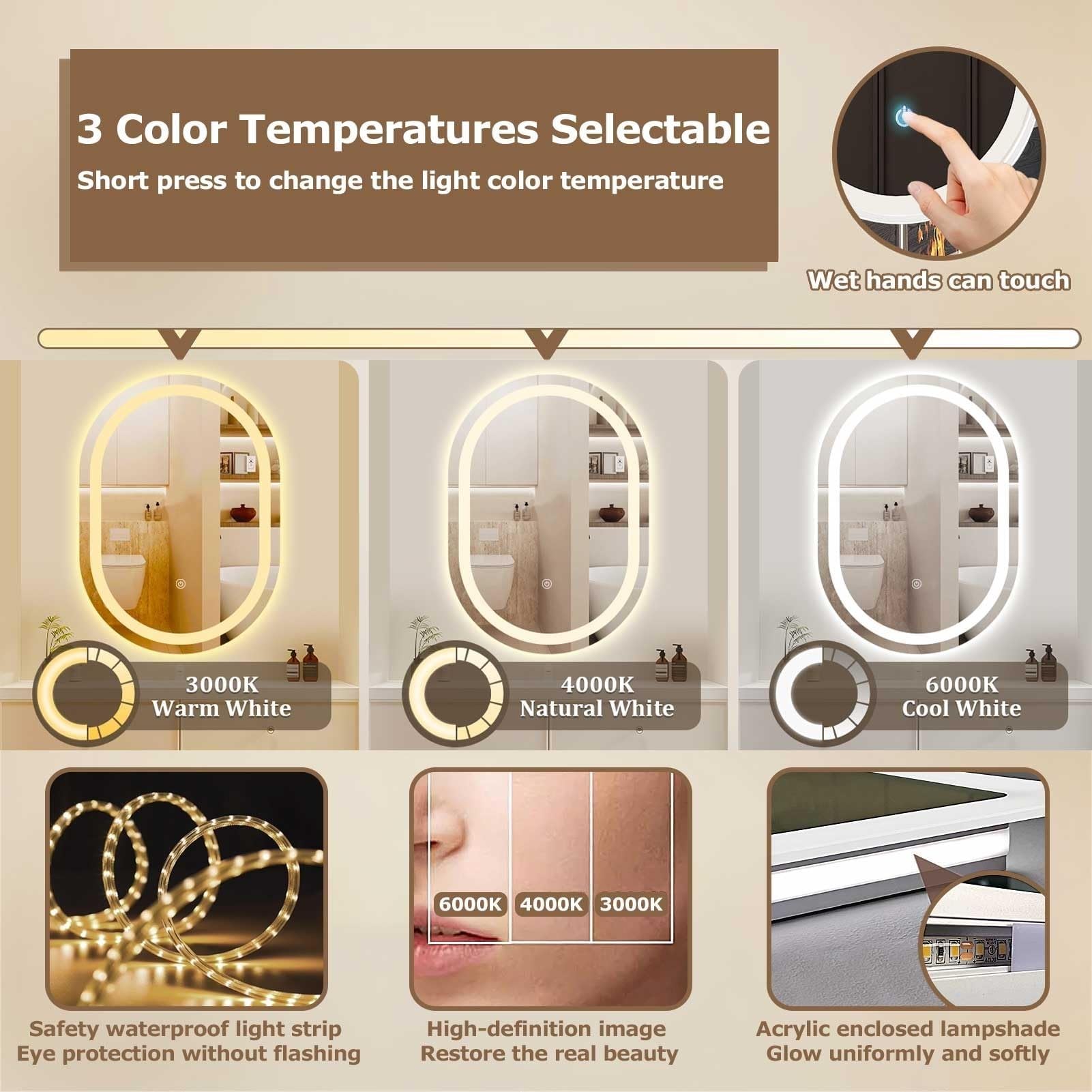 Specchio da soffitto con luce a LED, supporto ovale in metallo, luci dimmerabili a 3 colori, mobiletto a parete (asta personalizzabile)(Gold,40x80cm)