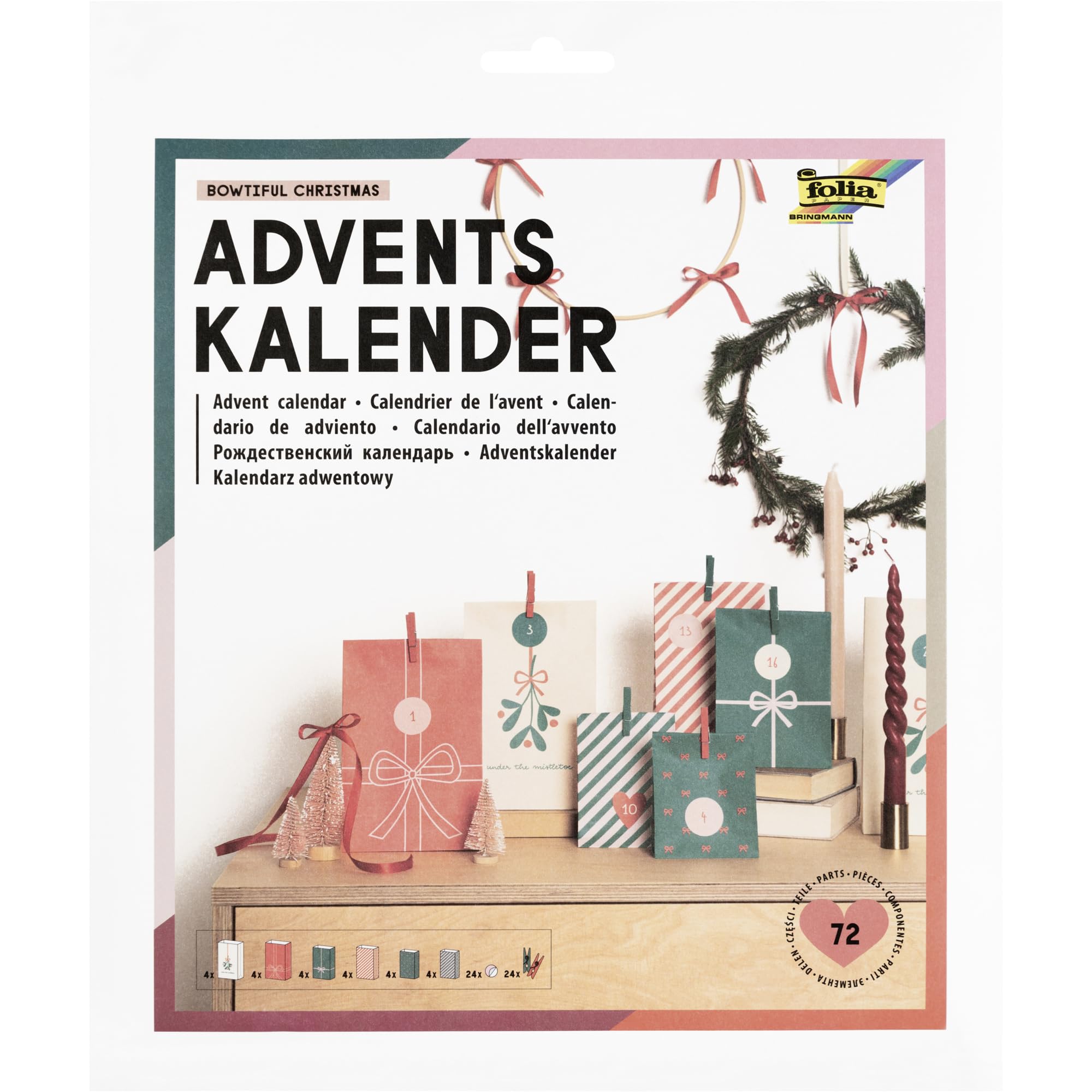 folia 9399 - Adventskalender BOWTIFUL CHRISTMAS, 72-teiliges DIY Bastelset aus 24 Papiertüten mit Weihnachtsmotiven in 3 Größen, 24 Holzklammern in Rot und Grün & 24 Stickern