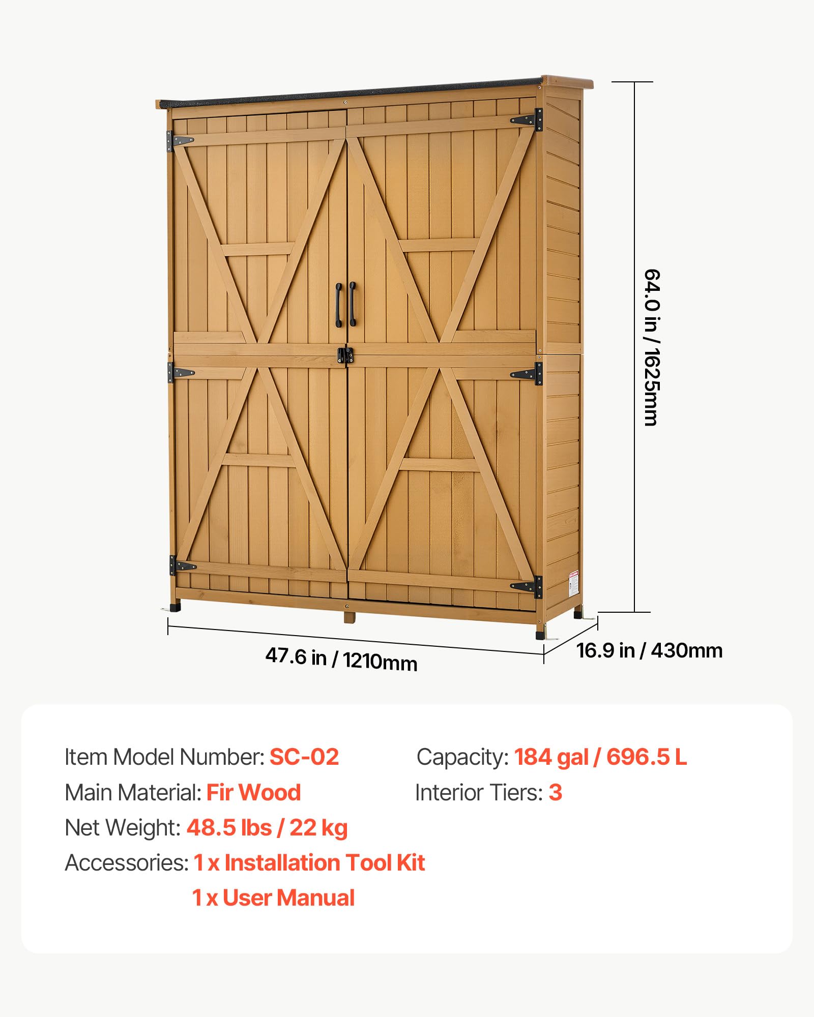 VEVOR Cobertizo de Jardín para Almacenamiento Caseta de Madera de Exterior, con Tejado Inclinado Puerta con Cerrojo Estantes, a Prueba de Lluvia, Armario para Herramientas en Jardín Patio Terraza