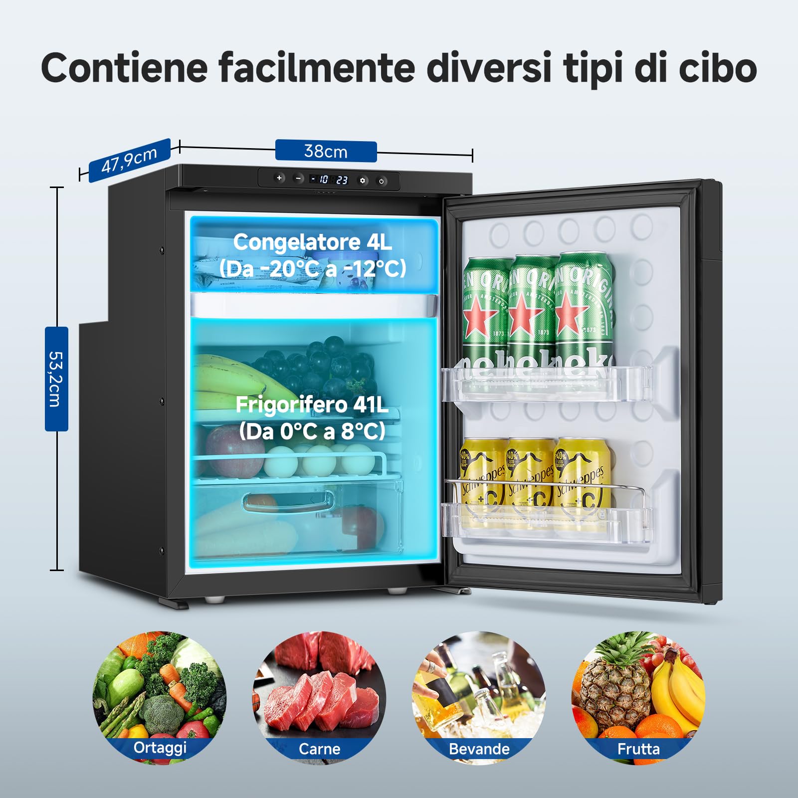 AAOBOSI 45L Frigo Portatile Elettrico, Frigo da Campeggio con APP, 12V/24V | Due Zone, Luci LED, Fino a -20°C, Frigorifero Portatile, per Auto, Camion, SUV, Camper, Barche, Campeggio e Viaggi
