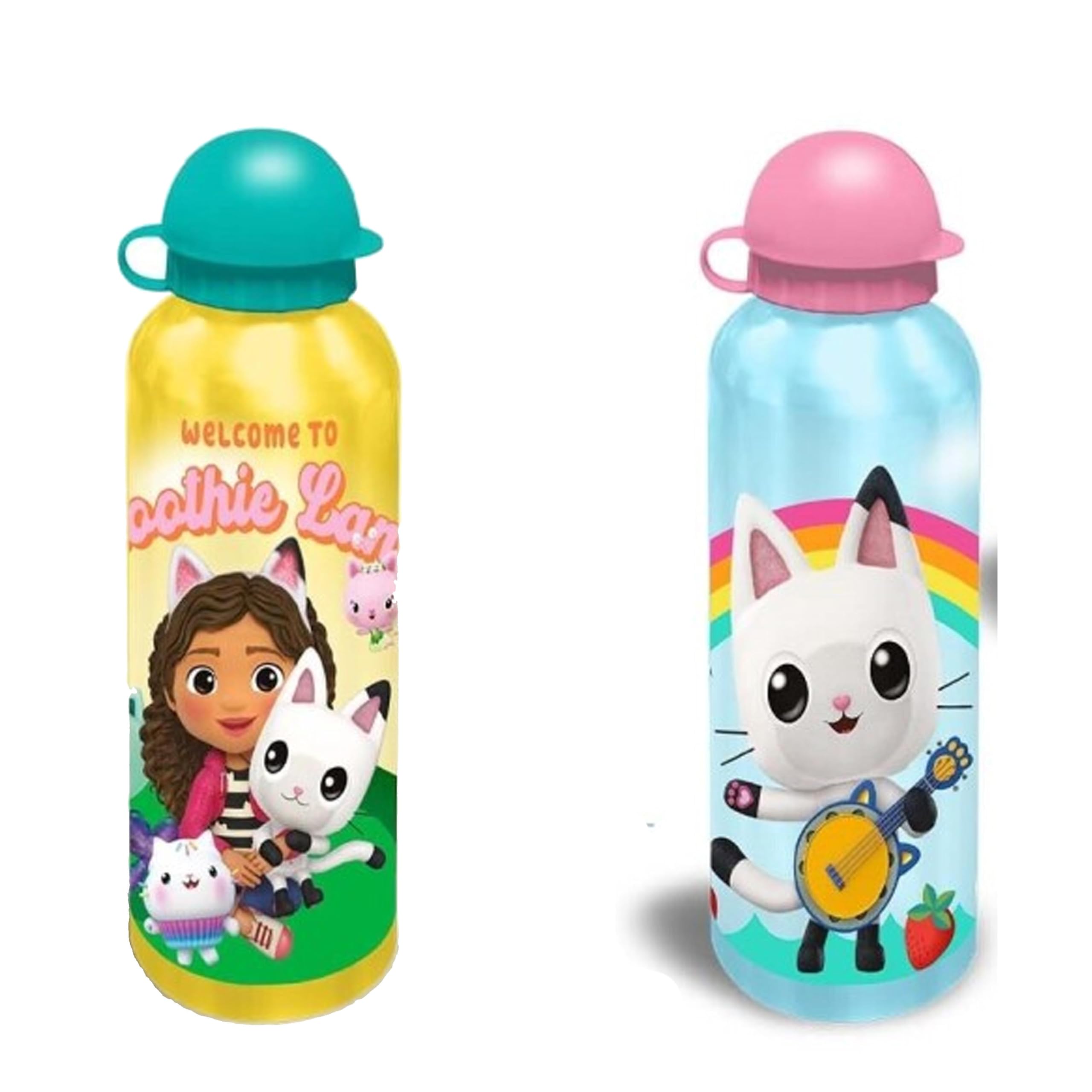 Srv Hub Gabbys Dollhouse (Yellow & Light Blue) 2X Gabbys Dollhouse Cat Water Bottles Lightweight 500Ml Aluminum Bpa Free Drinking Leakproof Kbt Disney Bottles For Kids, Ideal For On The Go, Gym, Sports And Travel 3+ Year | 21Cm