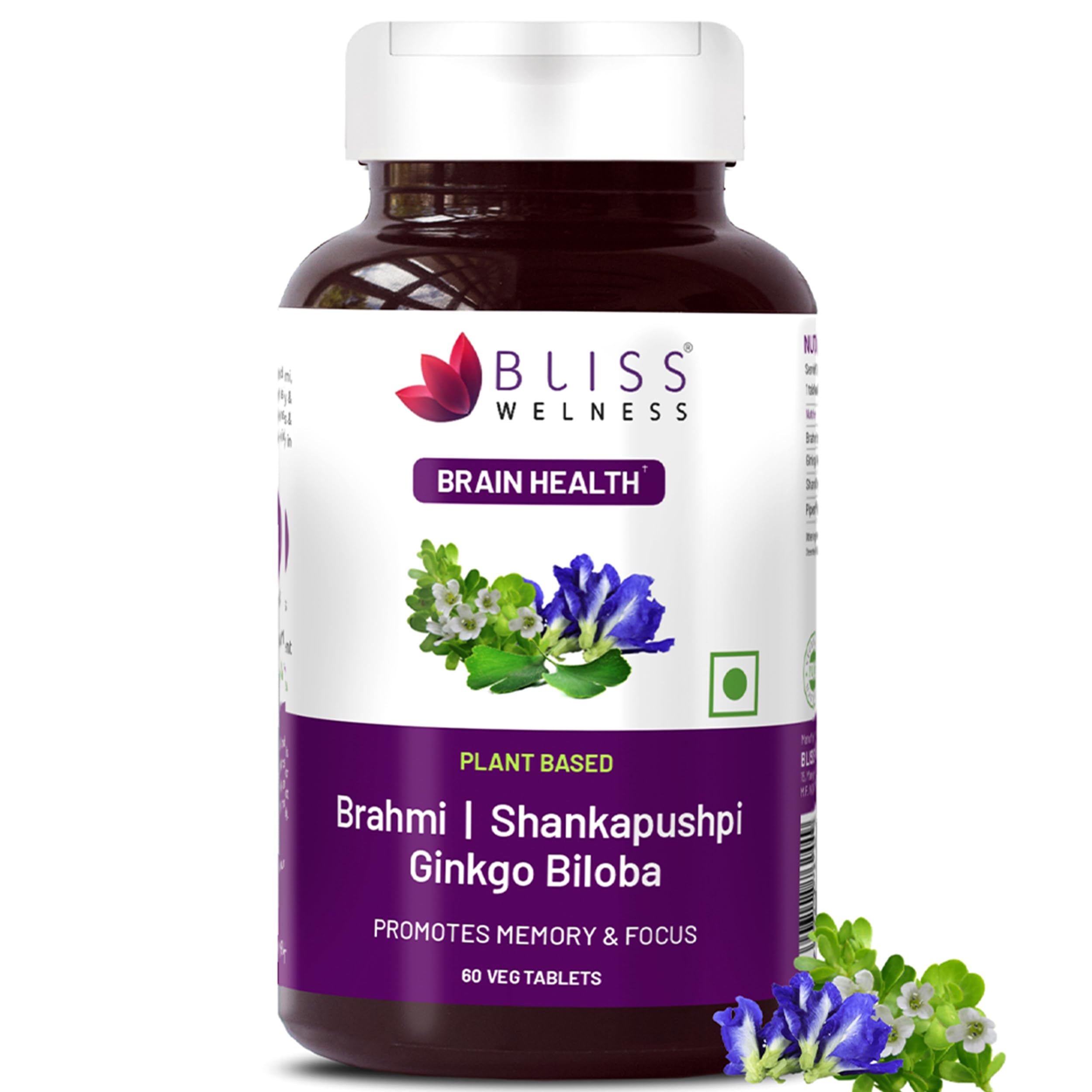 Bliss Welness Brain Booster | Memory, Focus & Concentration Support | Nootropic Supplement for Anxiety Relief & Calmness, Mood Support | Brahmi, Shankpushpi, Ginkgo Biloba & Piperine | 60 Veg Tablets