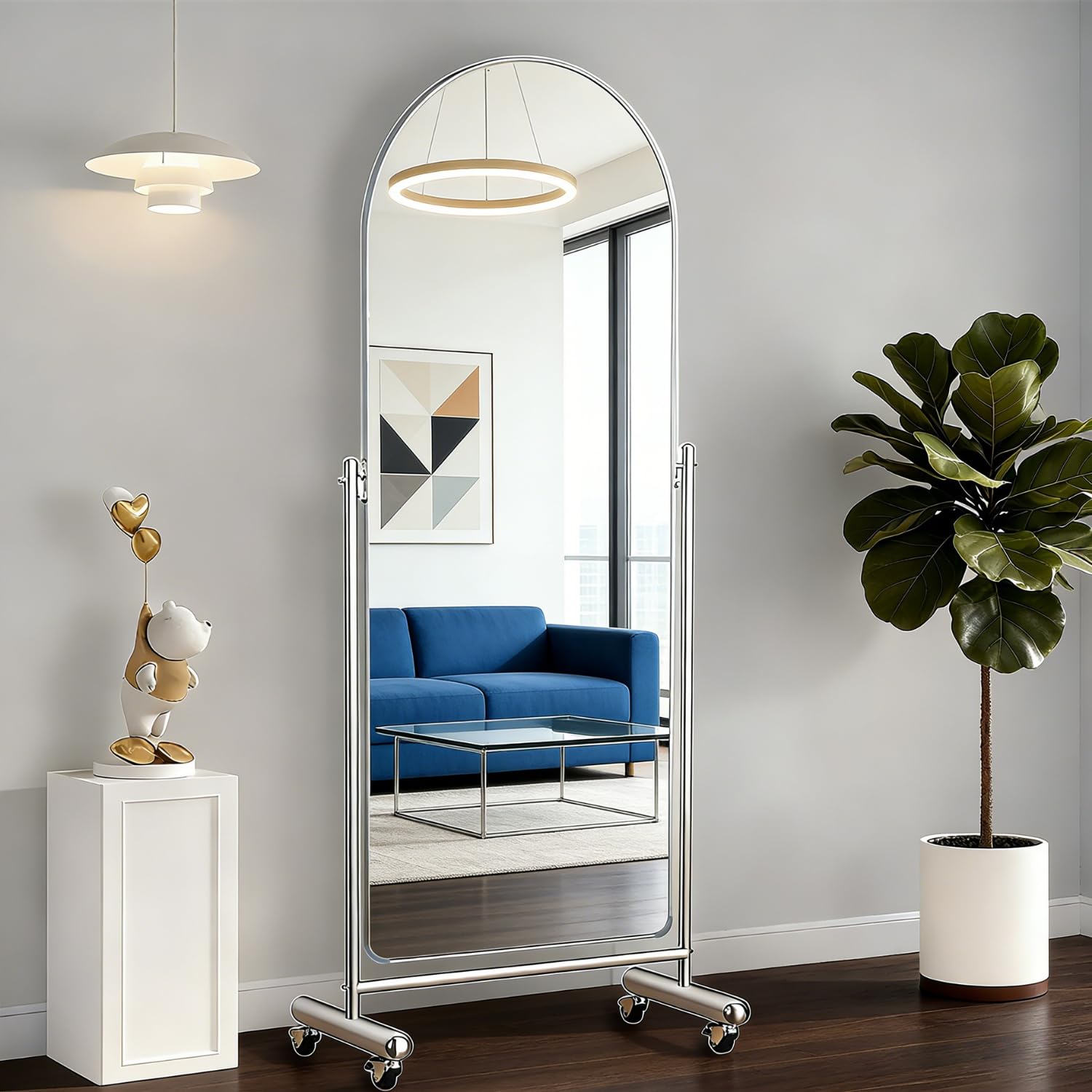 Ganzkörperspiegel 56x166 cm mit Rädern, verstellbar, Edelstahl | Mobiler Ganzkörperspiegel mit Rollen,verstellbarem Winkel und Edelstahlhalterung.Gewölbtes Design für Schlafzimmer & Ankleide