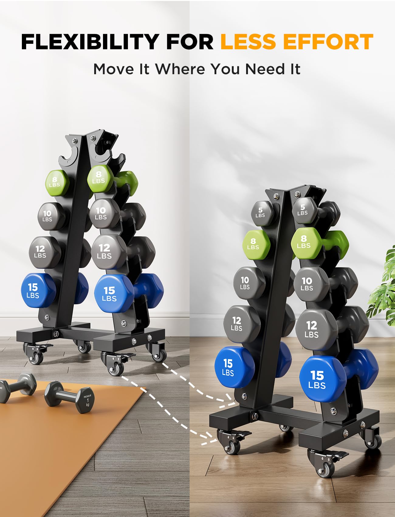 YOLEO Heavy-Duty A-Frame Dumbbell Rack with Wheels, Moveable Weight Rack, 440LBS Capacity, Space-Saving Home Gym Storage Organizer, Anti-Slip & Finger-Safe Design (Rack Only) (Small)