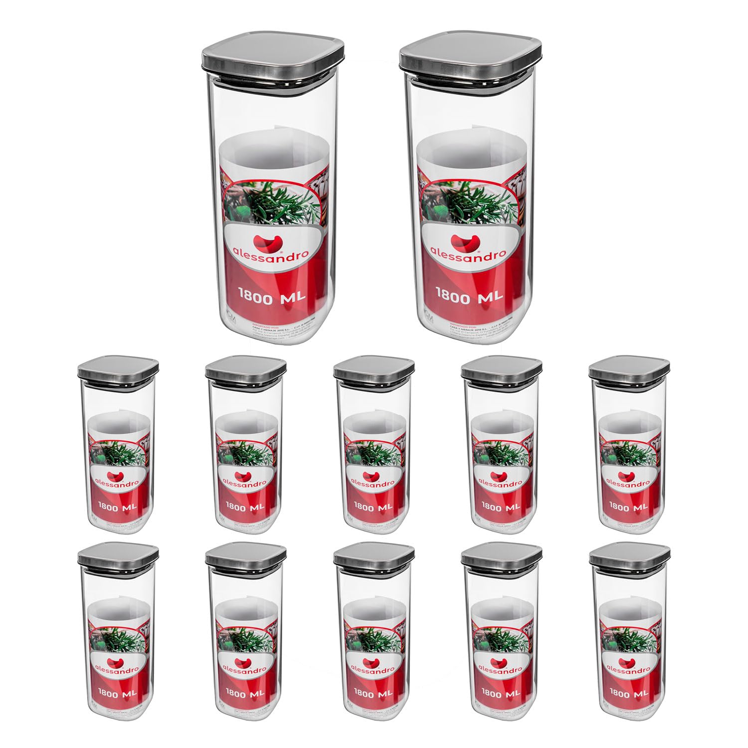 TWO TIGERS Pack 12 Botes Cocina de Borosilicato con Tapa de Acero. Botes de Cocina para Almacenar Pasta, Legumbres, Verduras. Tarros para Bar, Restaurantes, Cafeterías, Hostelería (1800ml)