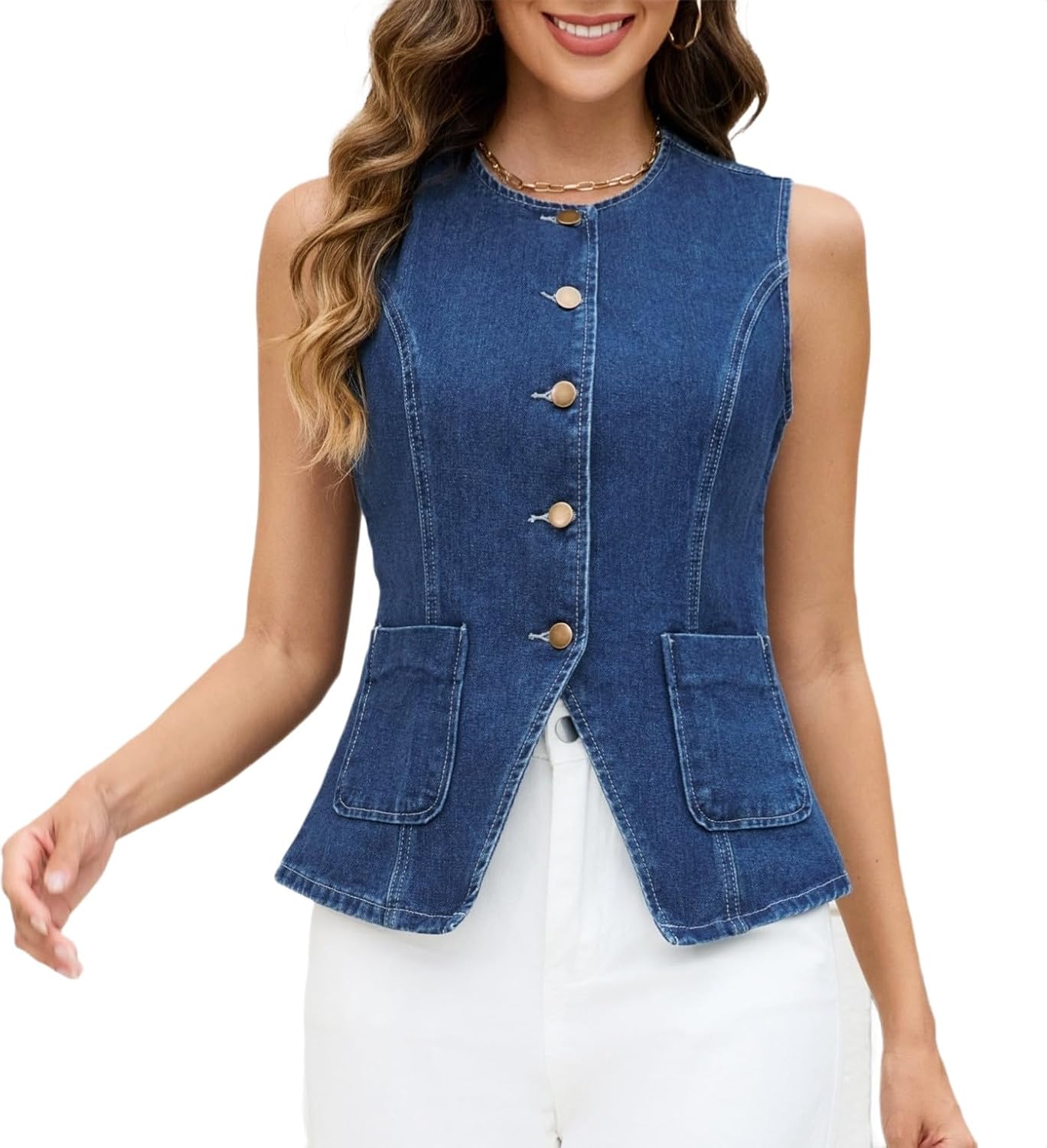 Ladyful Womens Denim Vest Top Sleeveless Jean vest Button Down Western Denim Waistcoat Suit Top