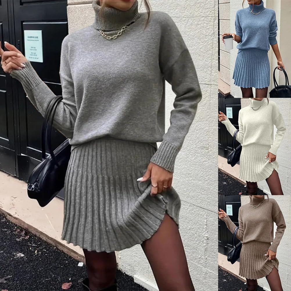 shownicer Strickanzug Zweiteiliger Damen Rollkragen Pullover und Mini Strickrock 2 Stück Set Warm Einfarbig Anzug