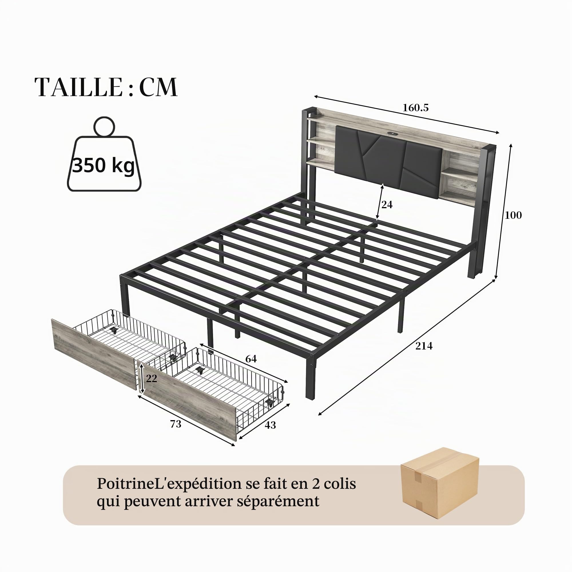 KeepGoon Lit en Bois de Fer 160 x 200 cm, Table de Chevet avec Barre Lumineuse et Port USB, Double tiroirs au Bout du lit, Lit Double Dossier rembourré, tête de lit avec Compartiment de Rangement, PU