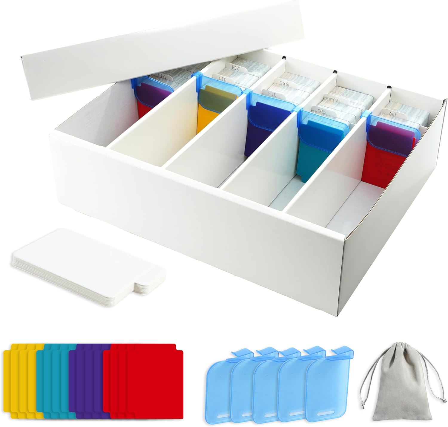 Aufind 5 Row Trading Card Storage Box, 12 Plastic & 18 Paper Dividers with 5 Supporters, Water-Resistant & Double-Layered Sports Card Case, 1 Drawstring Bag