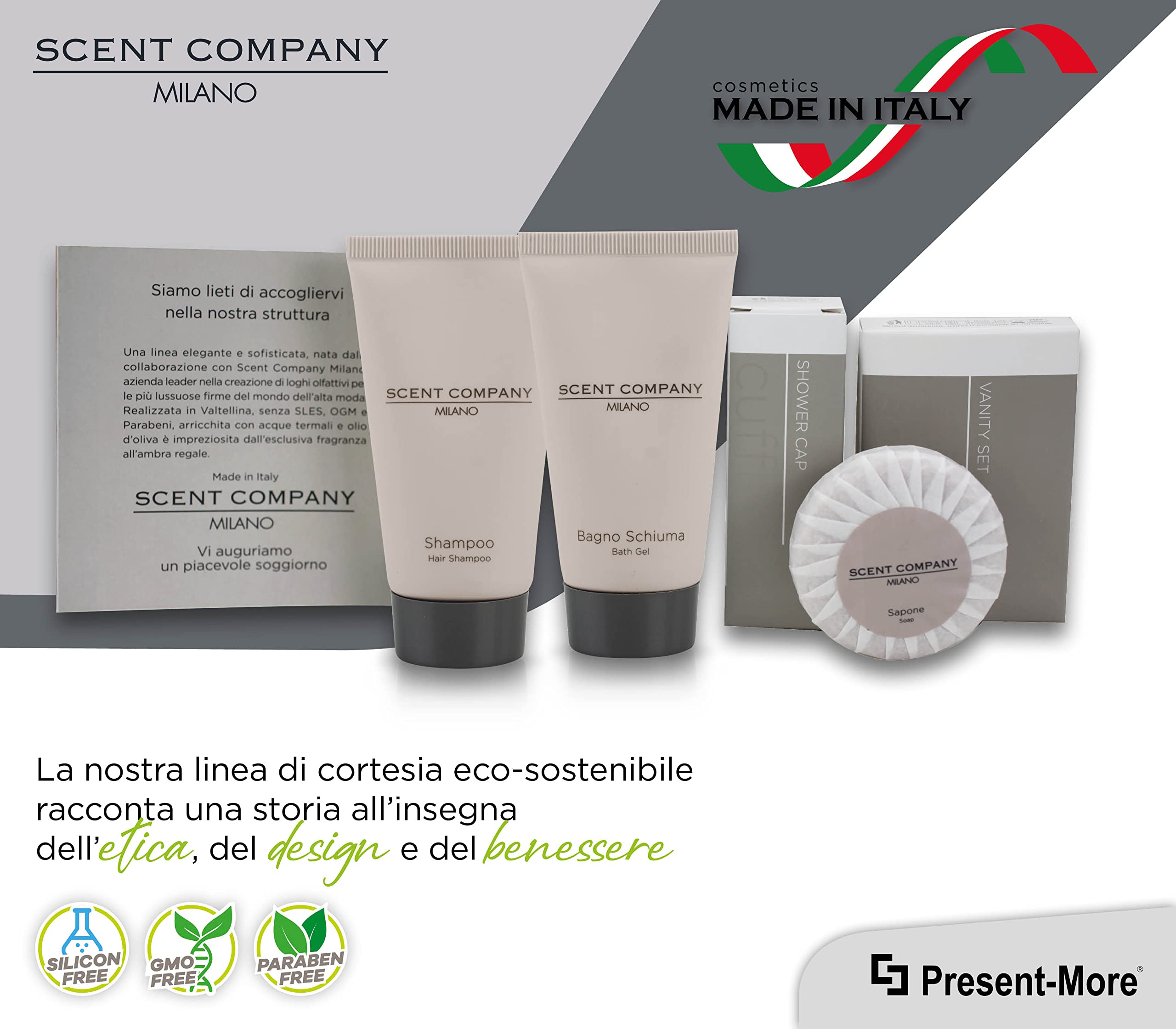 PRESENT-MORE - Set Cortesia 30 Ospiti Scent Company Milano - Fragranza Ambra Regale - Contiene: Shampoo, Gel Doccia, Sapone, Cuffia e Vanity - Made in Italy - Per Hotel e B&B