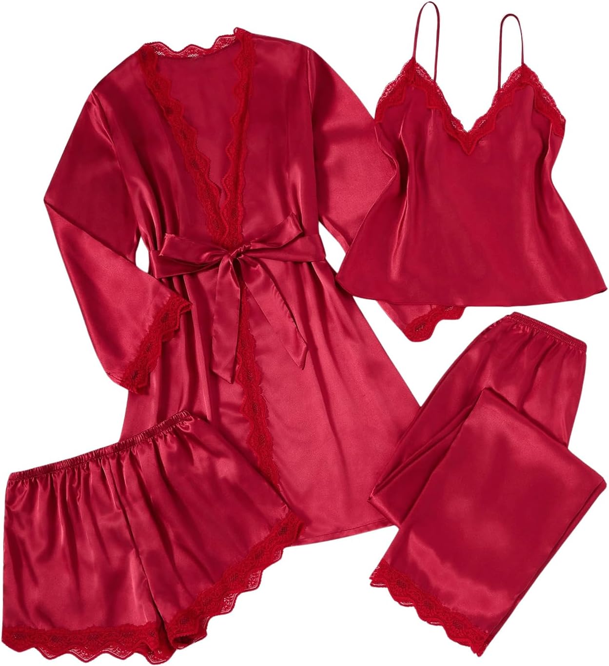 SweatyRocks Women's Silk Pajamas Set 4pcs with Robe Lace Trim Shorts Lounge Sets Pants Sleepwear