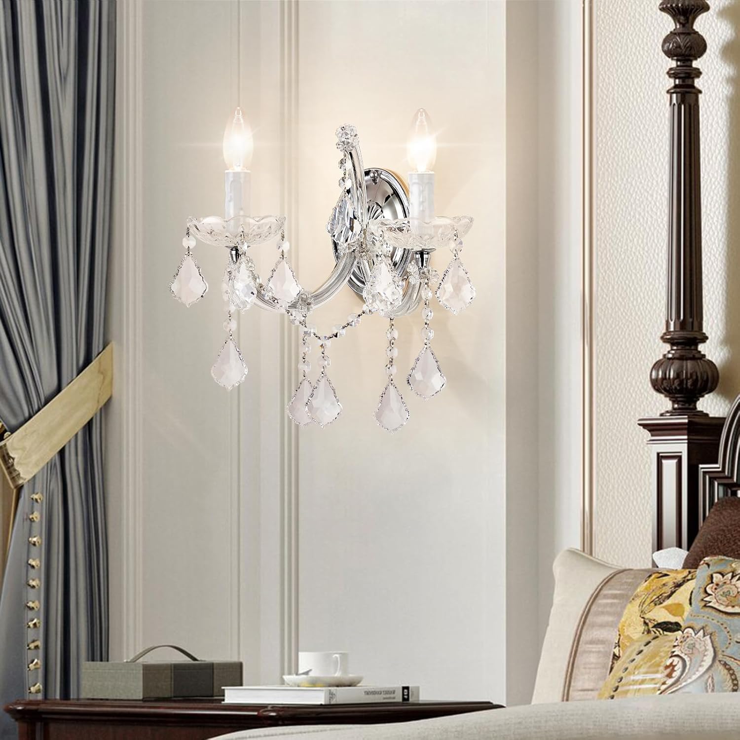 Crystal Wall Sconce Lighting, 2-Light Modern Crystal Wall Light Fixture Bathroom Maria Theresa Wall Lamp Light Fixtures Chrome Wall Sconce Light Wall Mounted Lamp for Living Room,Bedroom,Indoor 2-Light/Chrome