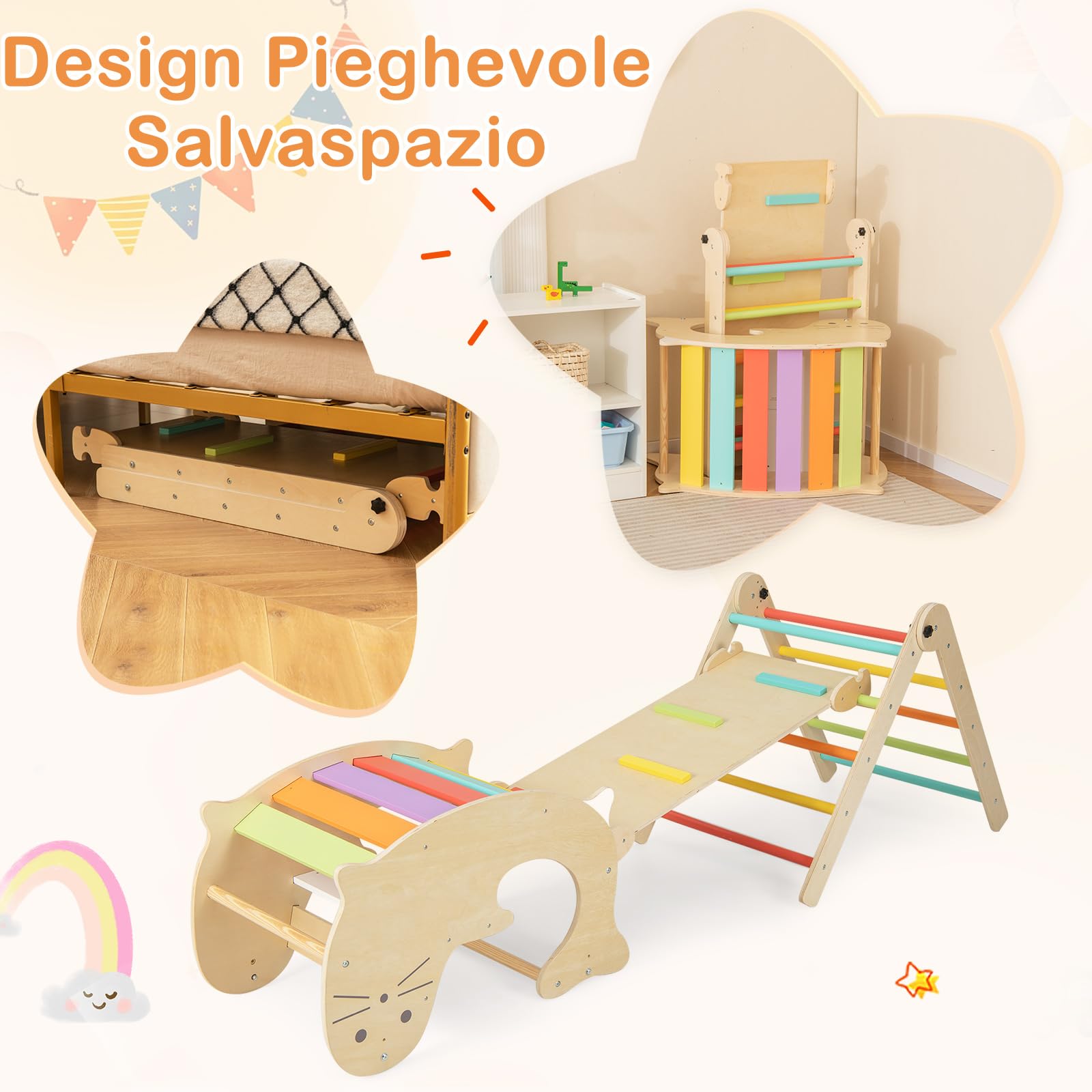 COSTWAY 7 in 1 Set di Arrampicate per Bambini, Arrampicatore Pieghevole in Legno con Scivolo Reversibile, Dondolo e Arrampicata, Tavolo e Tunnel, per Bambini 3-14 Anni (Colorato)