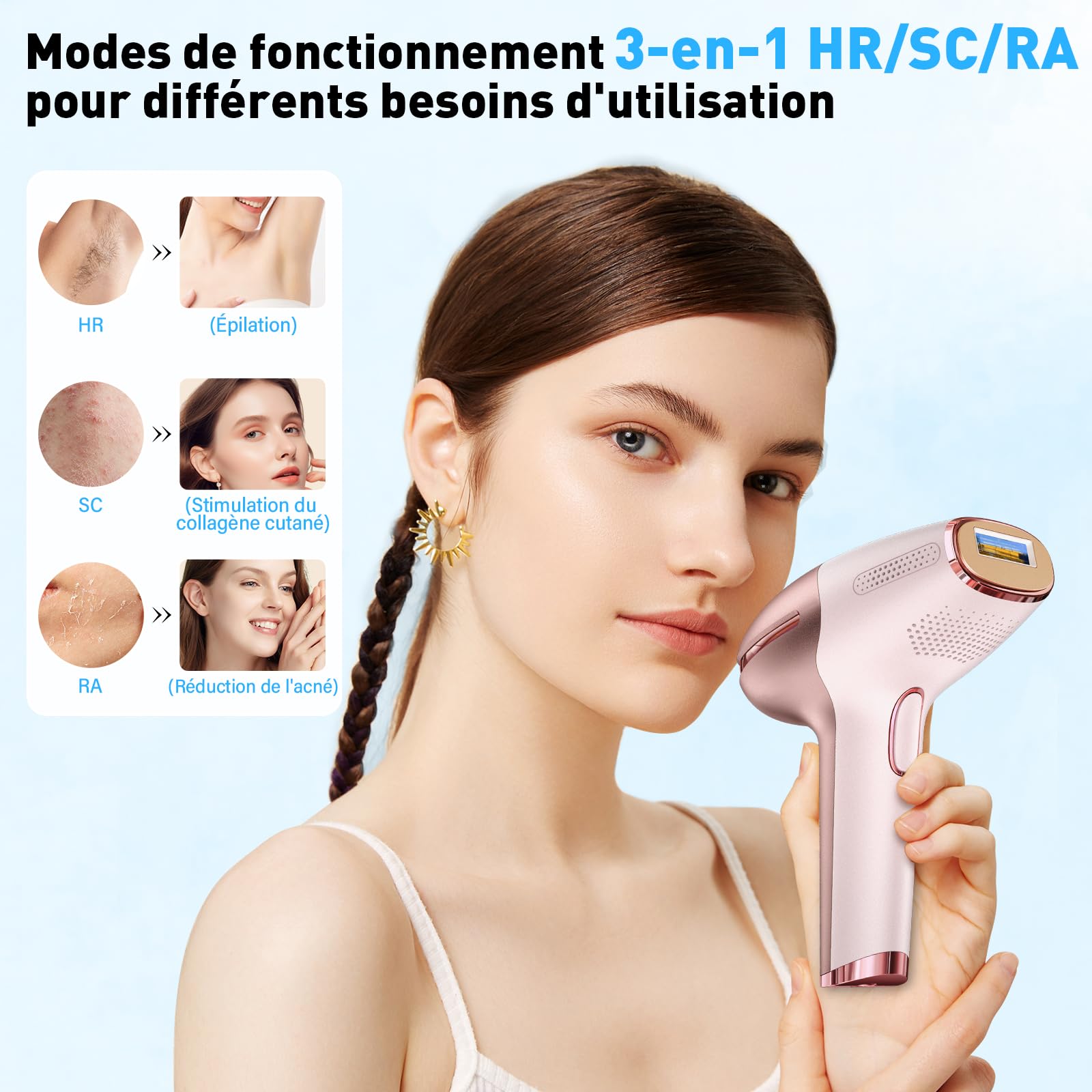 Épilateur Lumière Pulsée avec Fonction de Refroidissement pour une peau douce et lisse, 9 Niveau d'intensité, Épilation définitive Laser, Disponible en modes filaire et sans fil