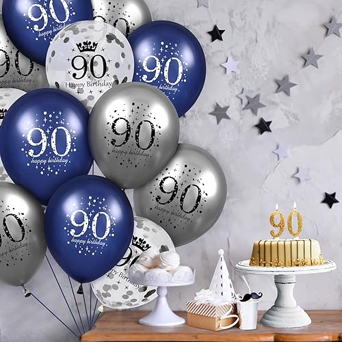 Miniatura 2 de Globos decorativos de cumpleaños de 90 años, 15 globos de feliz cumpleaños azul marino y plateado para hombres y mujeres, globos inflables de látex