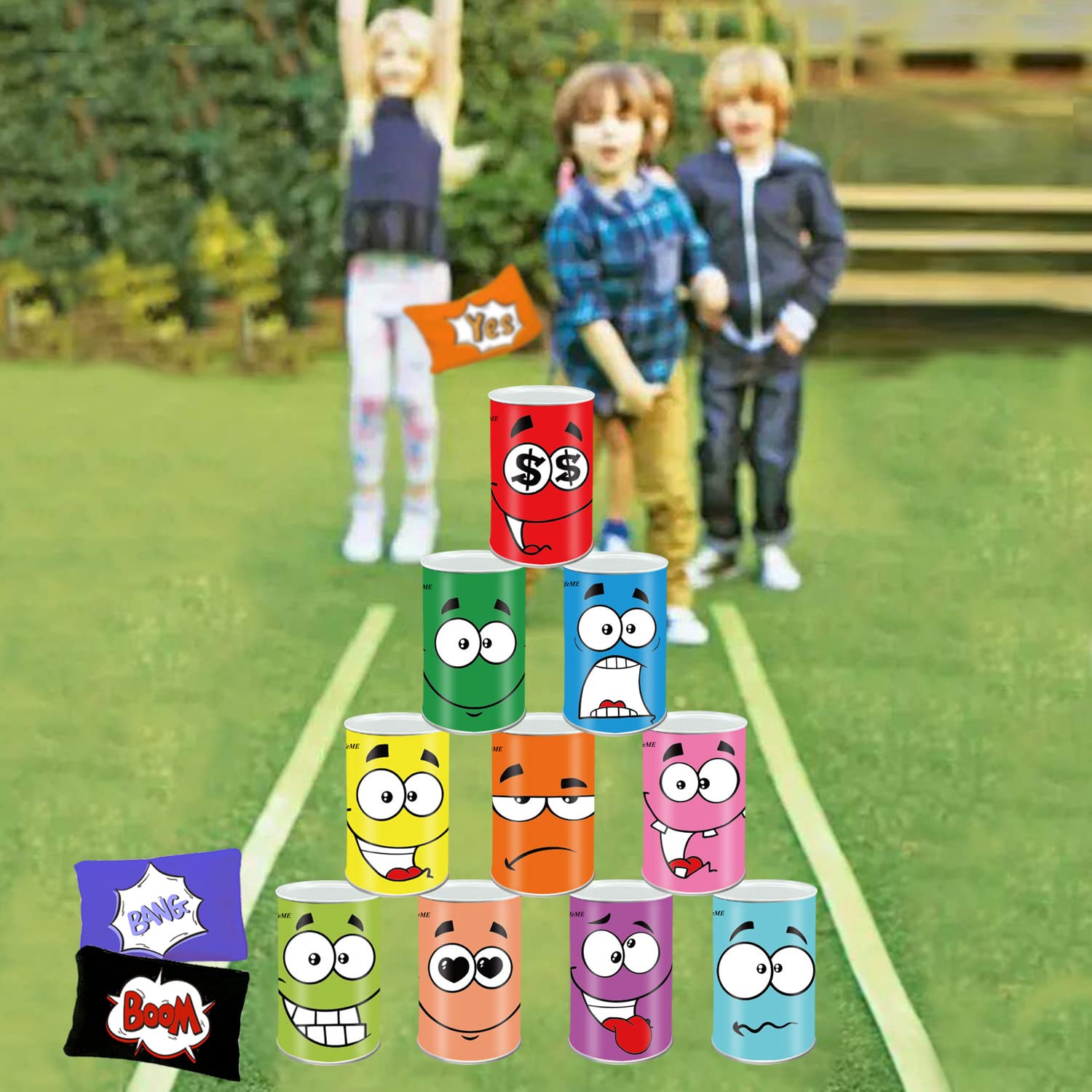 Tiro al Barattolo, Gioco del Barattolo di Latta per Bambini, Bersaglio Gioco di Latta con 10 Pezzi Sorriso Tin Can Alley + 3 Pezzi Beanbags + 3pcs Medaglie, Lattine Giocattolo Regalo per Festa