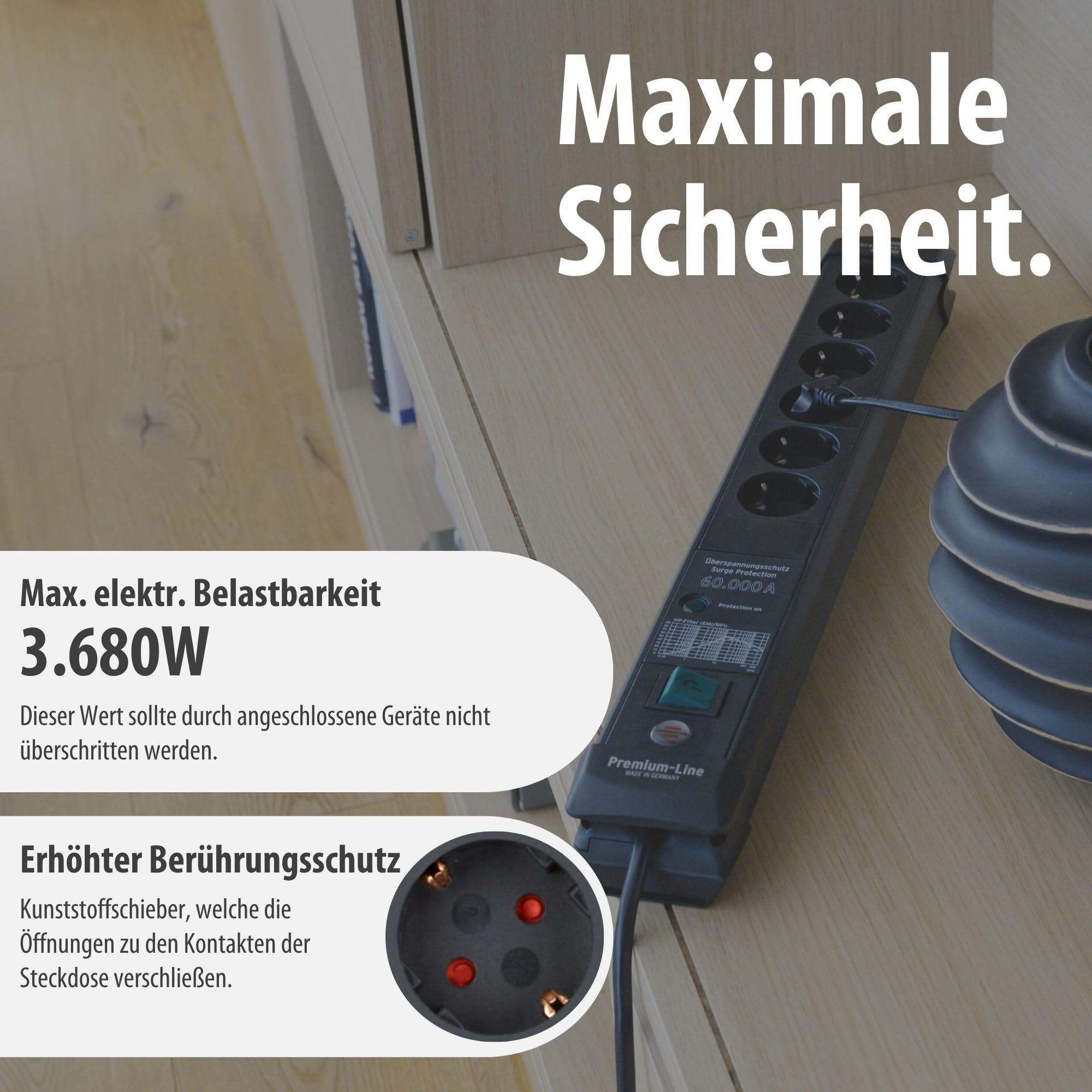 Brennenstuhl Premium-Line Steckdosenleiste 6-Fach mit Überspannungsschutz | Bis zu 60.000A, Mehrfachsteckdose mit Schalter und 3m Kabel, Steckdosenleiste Wandmontage, Made in Germany, schwarz