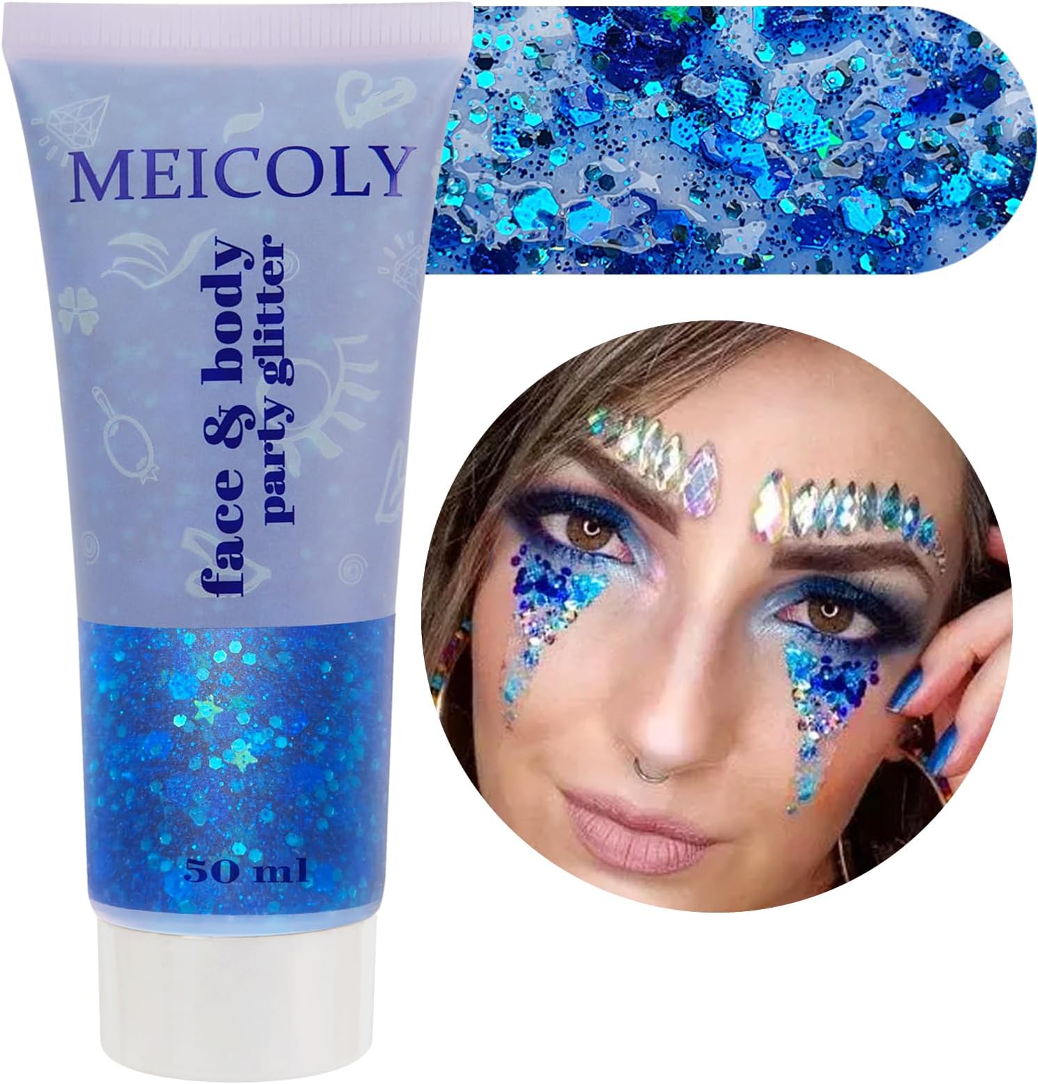 50ml Holographic Blue Face Glitter Gel,4th of July Body Glitter Outfits for Women,Self-Adhesive Waterproof USA Flag Hair Glitter Makeup for Independence Day Rave Memorial Day 250th Anniversary