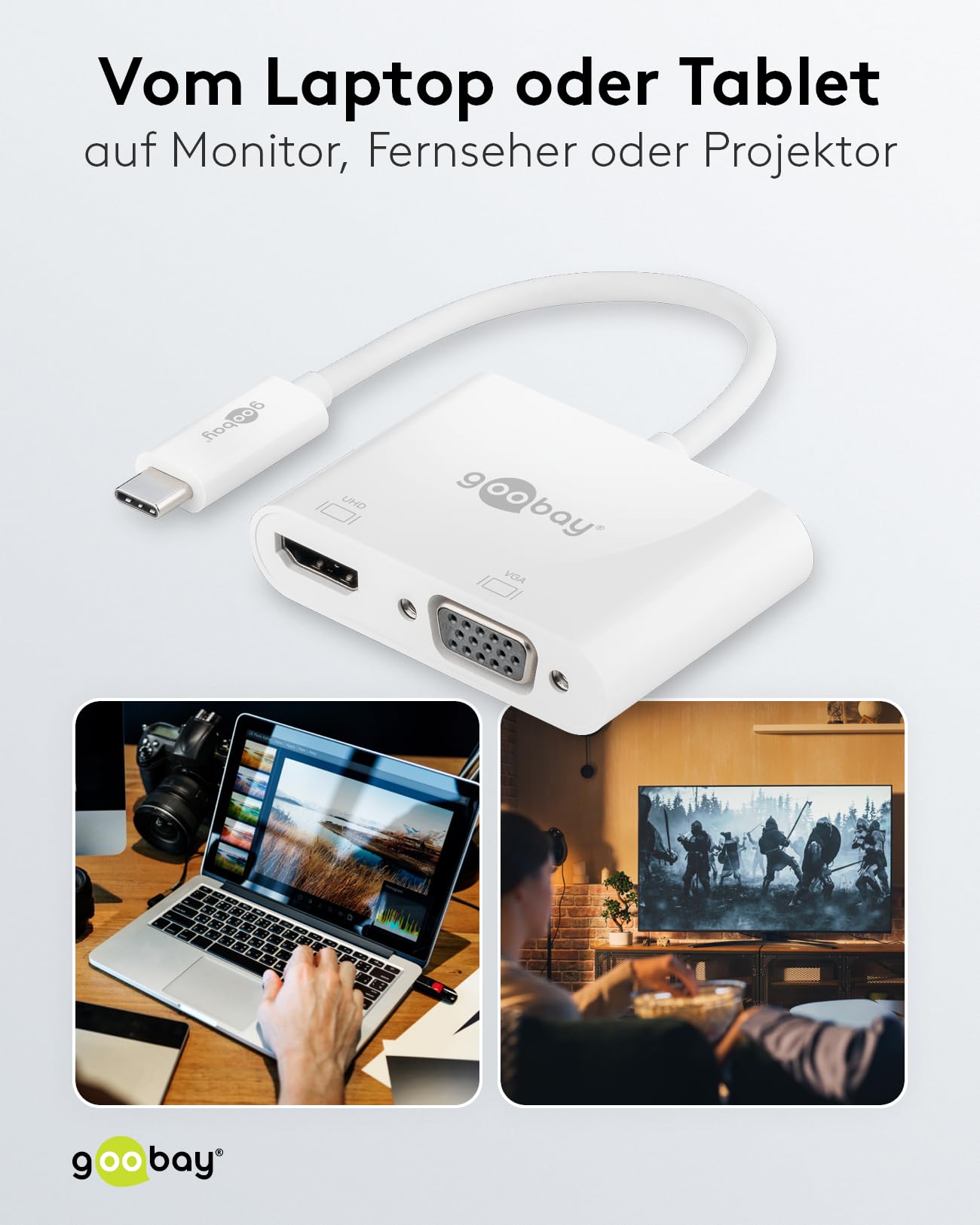 goobay 52430 Multiport Adapter USB-C auf HDMI + VGA - Auflösung bis 4k*2k@60Hz (HDMI) / 1920x1080p@60Hz (VGA) - Spiegelt auf bis zu 3 Bildschirme