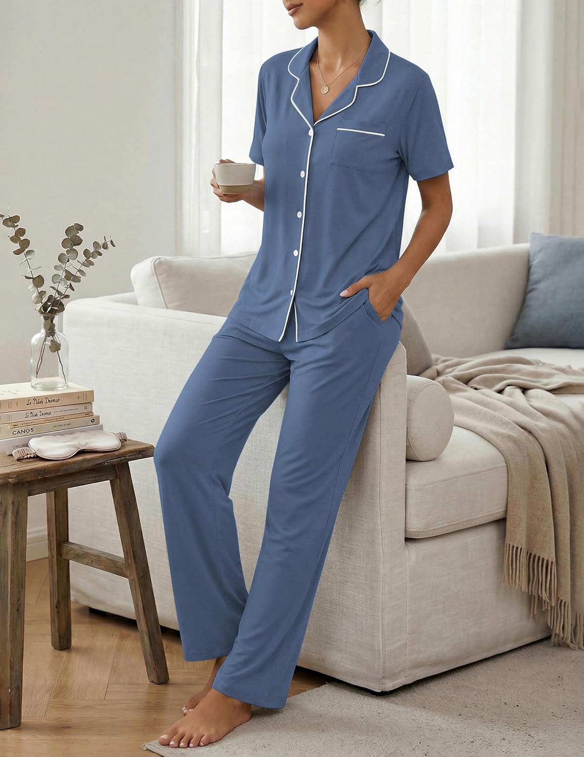 ZMJ Womens Pajamas Sets 2 Piece Button Up Pj Sets Short Sleeve with Long Pant