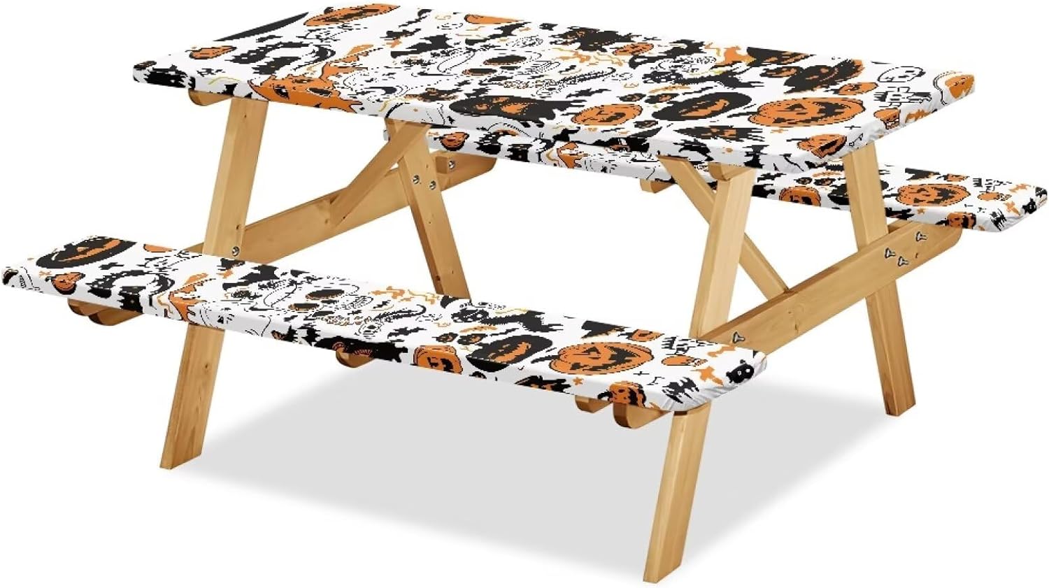 Ghost Faces Halloween Picnic Table Cover with Bench Covers Rectangular Picnic Table Covers with Elastic Washable and Reusable Outdoor Table and Chairs Decor Sets for Patio Party