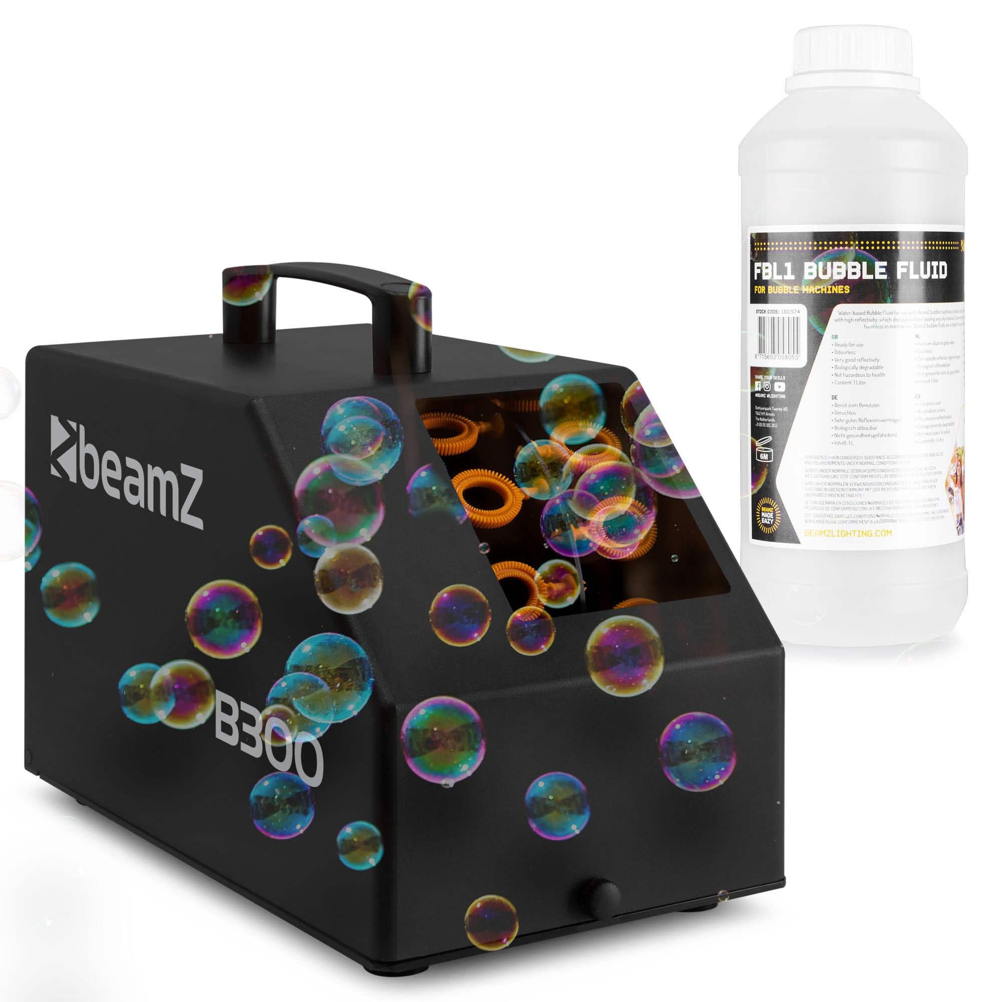 BeamZ B300 - Máquina de burbujas compacta portátil con mando inalámbrico, potente ventilador, 1 litro de líquido incluido, asa de transporte, ideal para fiestas infantiles y temáticas