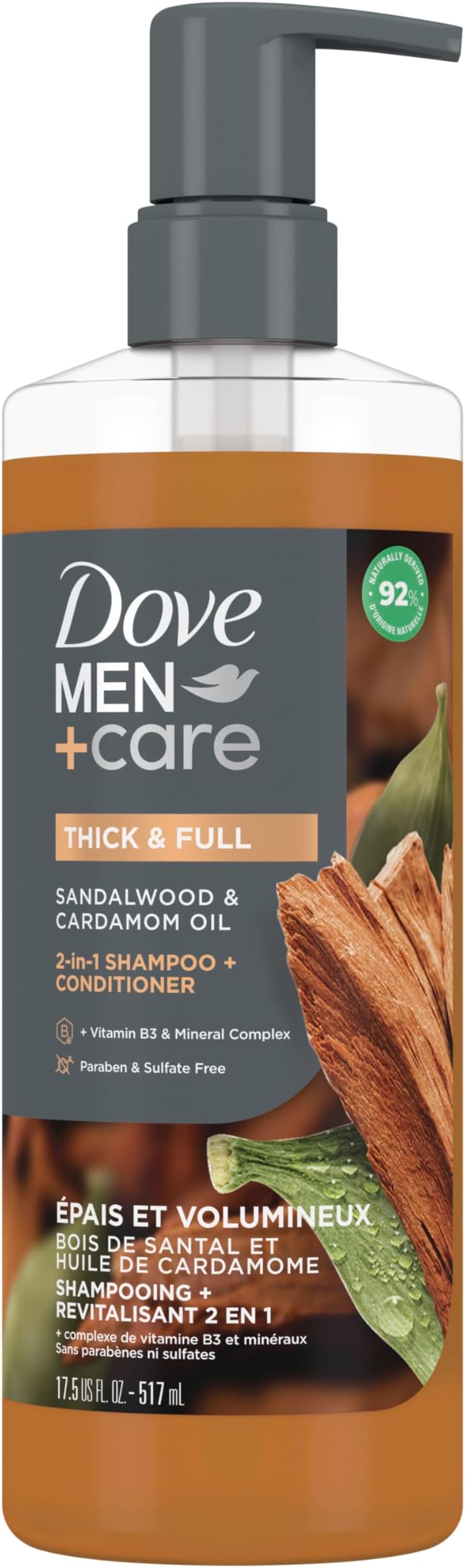 DOVE MEN + CARE 2-in-1 Shampoo + Conditioner Sandalwood & Cardamom Oil for Thick & Full Hair, + Vitamin B3 & Mineral Complex, 17.5 oz