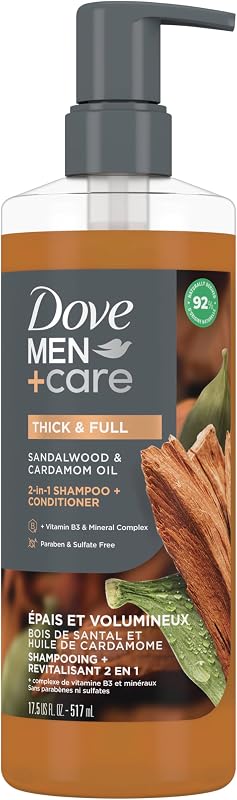 Dove Men+Care Champú y acondicionador 2 en 1 grueso y completo + sándalo 17.5 oz | Para el cabello debilitado, la vitamina B3 y el complejo mineral ayudan a espesar el cabello para una apariencia más voluminosa, con un aroma cálido.