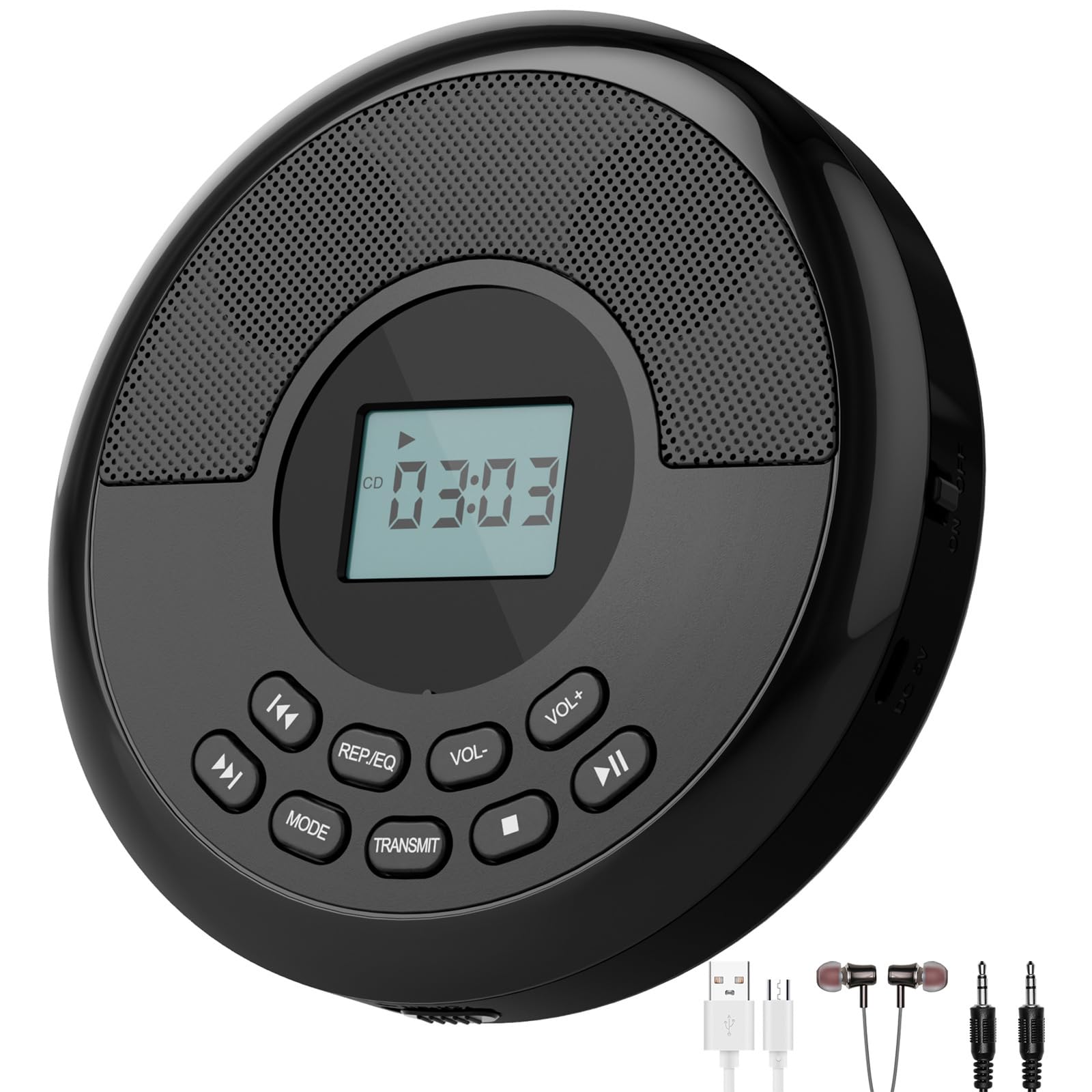 Lecteur CD Bluetooth portable rechargeable noir avec double haut-parleur pour la voiture