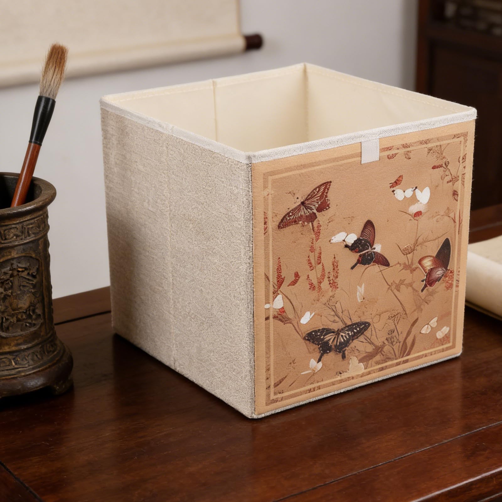 Contenitore organizer per cassetti: scatola portaoggetti in tessuto di lino impermeabile - cubo pieghevole - cestino decorativo a forma di farfalla cinese per scaffali e armadi.