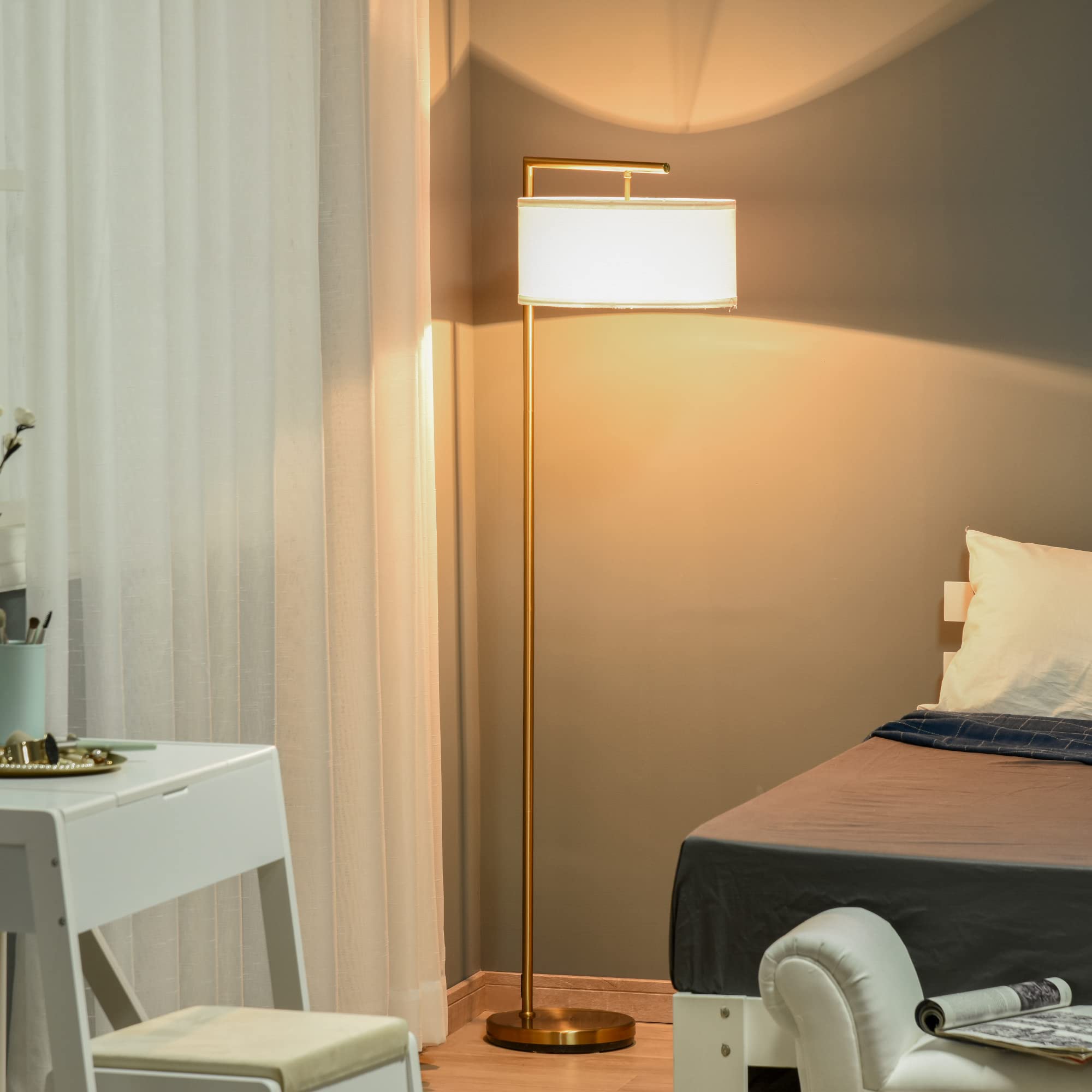 HOMCOM Modern Floor Lamp - Tall Pole Light with Linen Shade - E27 Holder - White