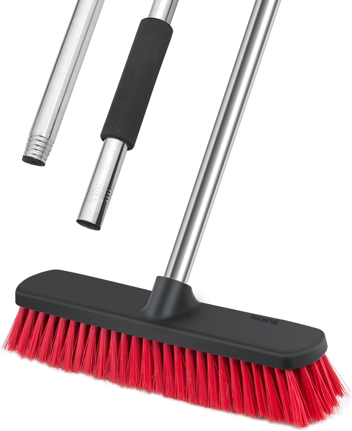Long Handle Floor Scrubbing Brush, Push Broom with 12'' Bristle Brush Head and 49'' Removable Stainless Steel Handle for Cleaning Indoor and Outdoor