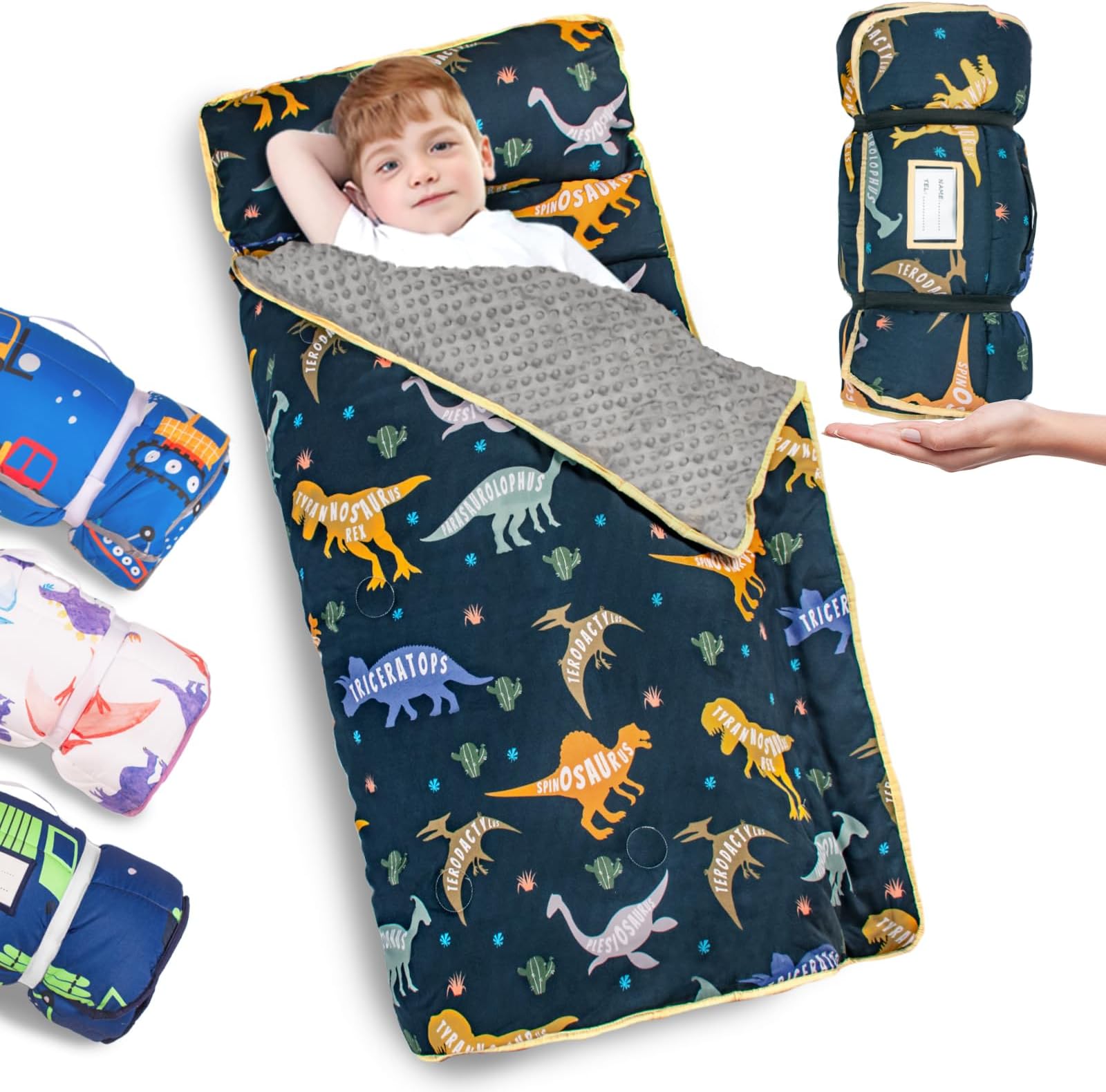 Kids Nap Mat Set with Pillow & Fleece Blanket, Nap Mats for Daycare Preschool or Kindergarten, Sleep Mats Fits Toddlers & Young Children-Dinosaur