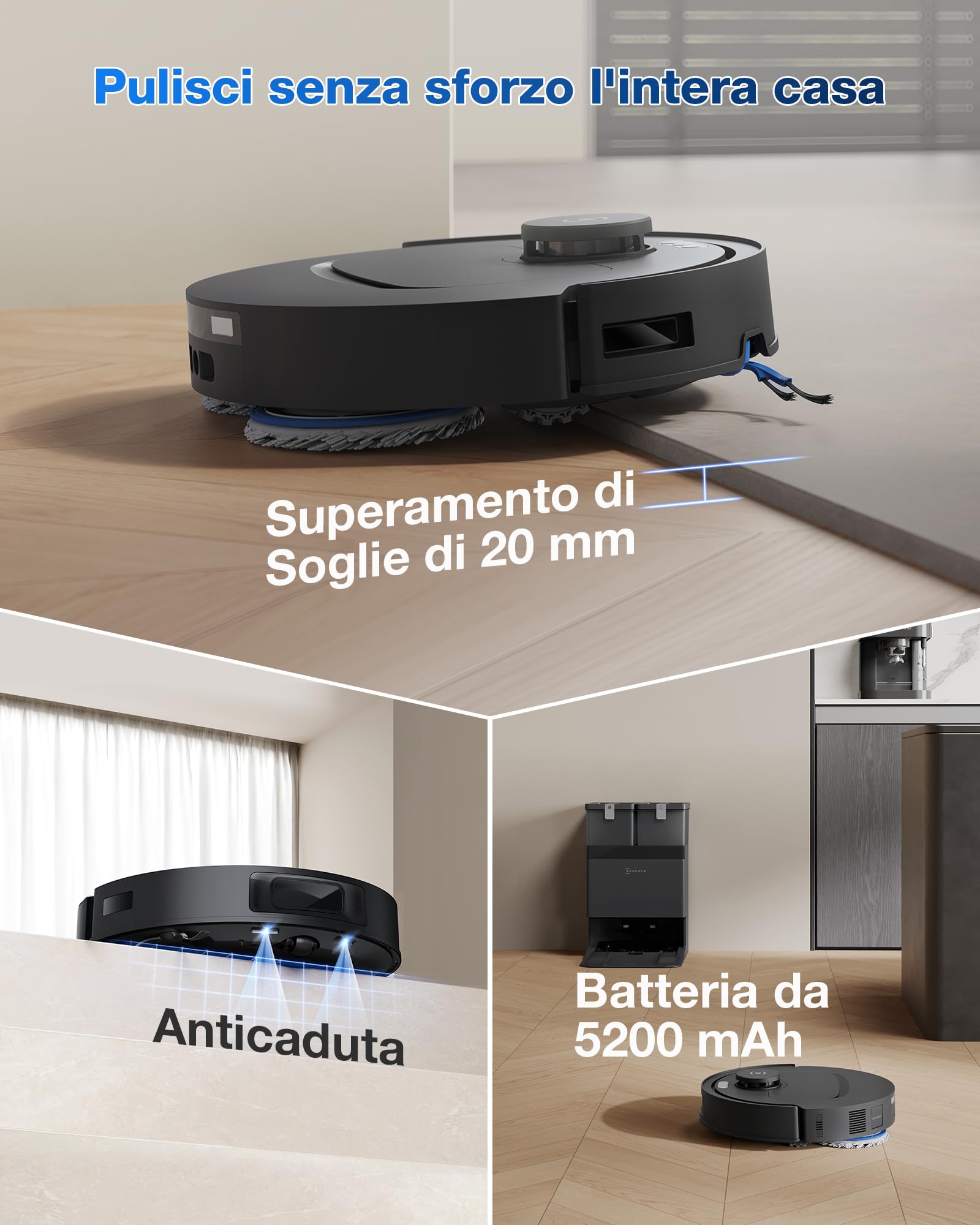 ECOVACS DEEBOT T30e OMNI Robot aspirapolvere lavapavimenti, 25.000 Pa, ZeroTangle 3.0, spazzola later. ARClean, spazzola princip. tripla V, stazione OMNI svuot. automatico, asciugatura a 45 °C, nero