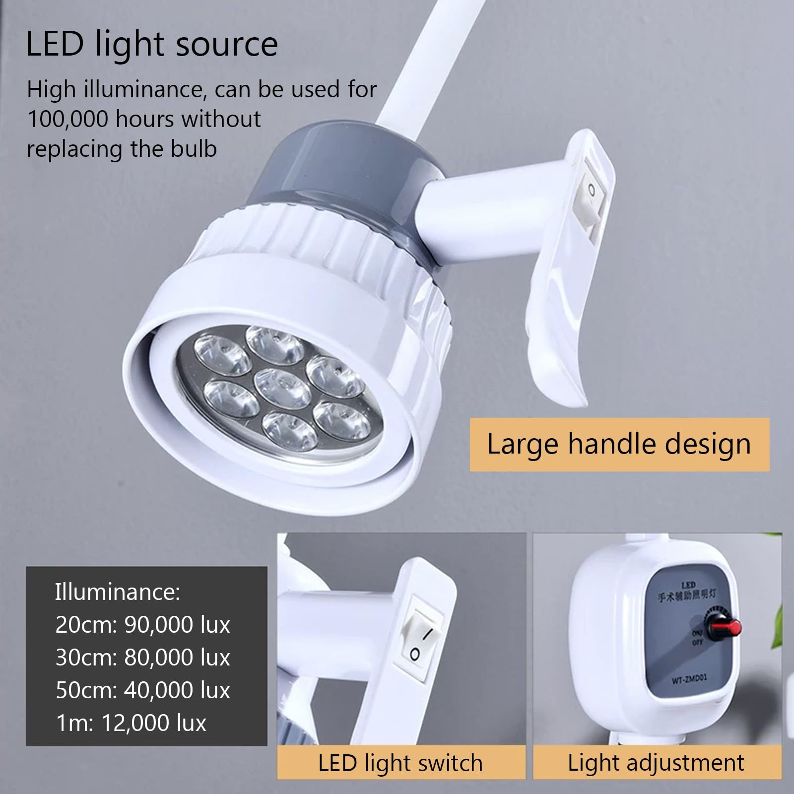 Lampe D'Examen Chirurgical à Intensité Variable LED avec Tuyau Ajustable et Boîte de Rangement, Lampe Sur Pied Sans Ombre avec Roulettes pour Les Examens Buccaux