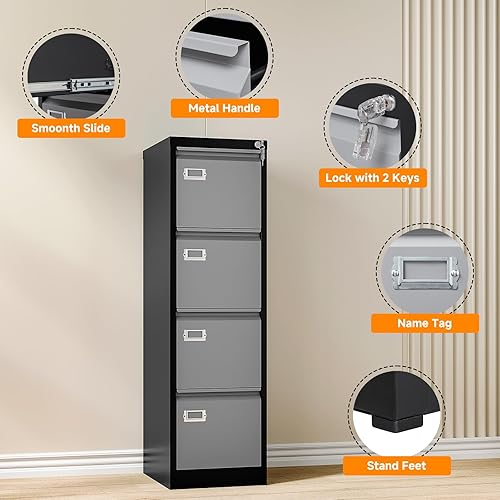 Miniatura 5 de Armario de almacenamiento vertical de metal, archivador de 4 cajones con cerradura, archivadores verticales de 18 pulgadas de profundidad para